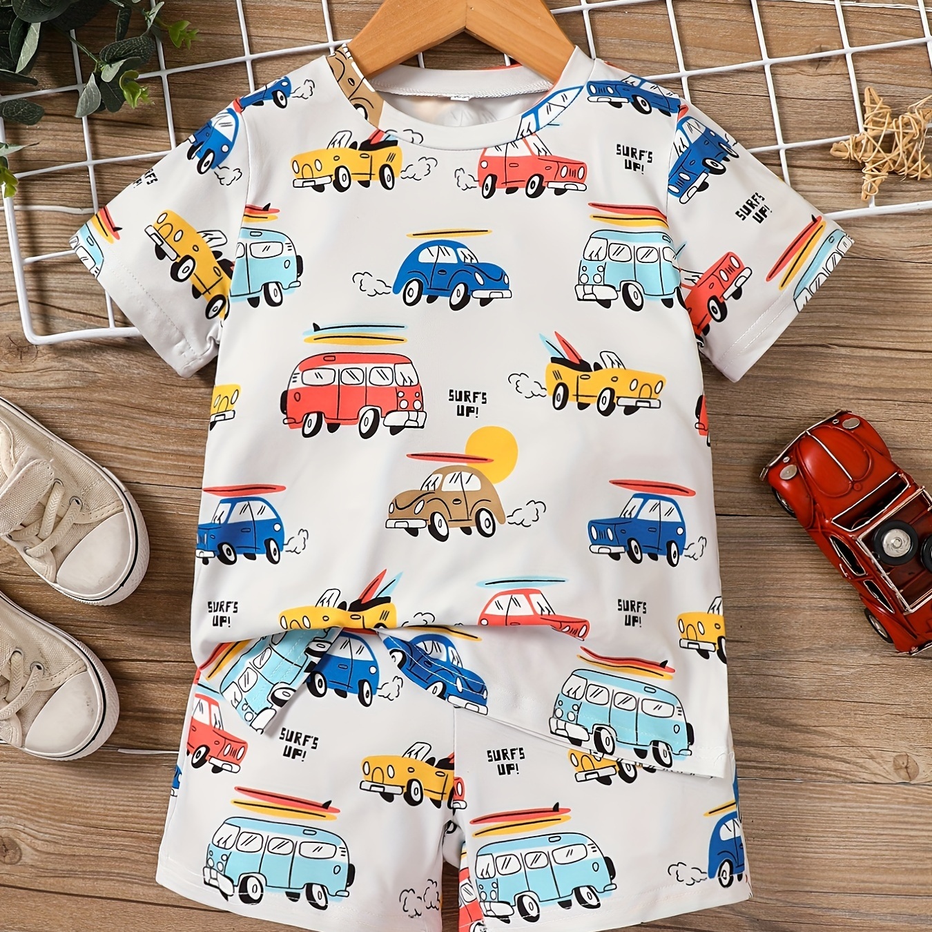 

Car Full Body Print T-shirt & Elastic Waistband Shorts Set, Outfit For Boys, Kids Summer Clothes