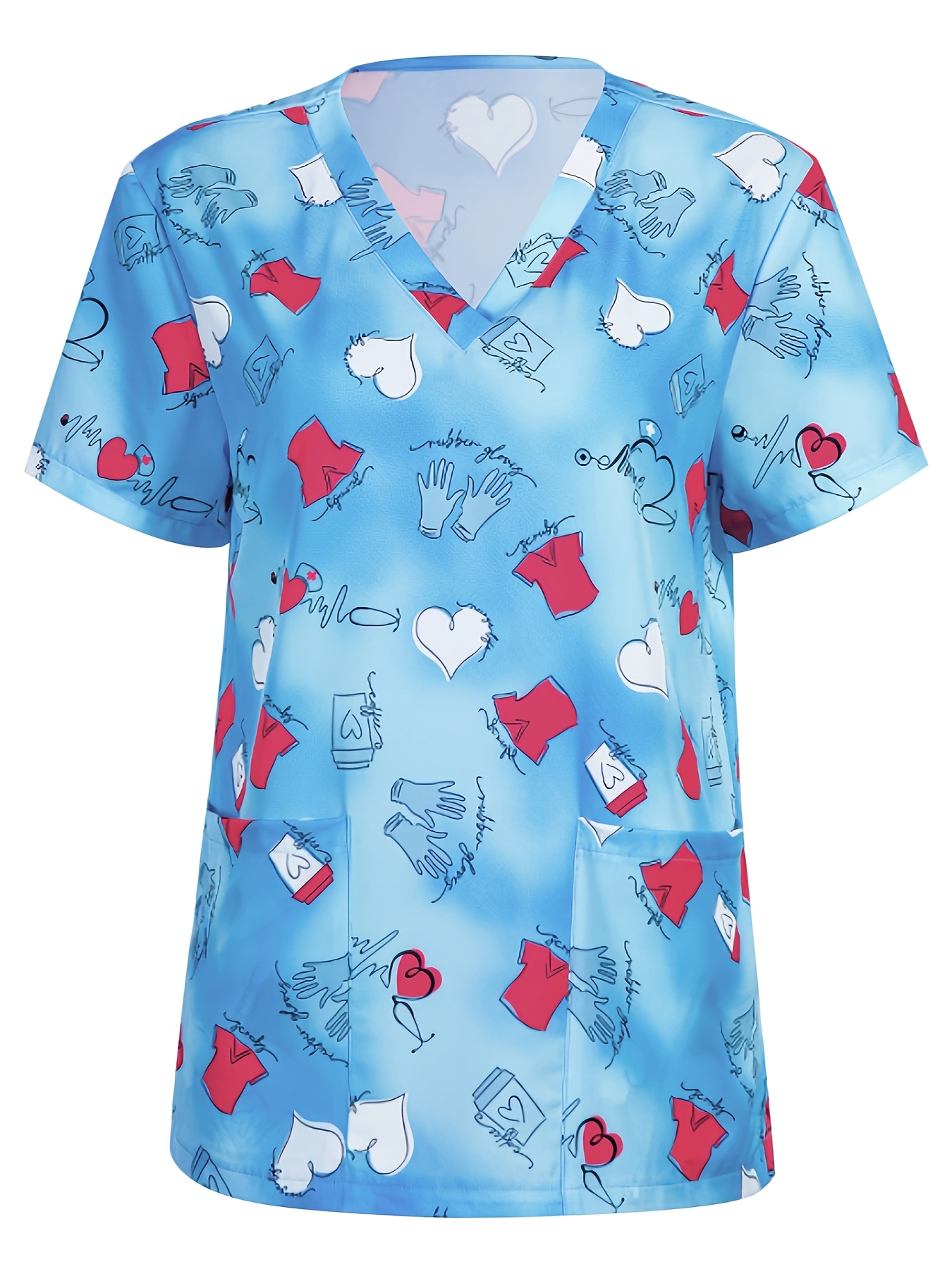 Heart & Clothes Print Scrubs Top, V Neck Functional Patched Pockets Health Care Uniform, Women's Clothing