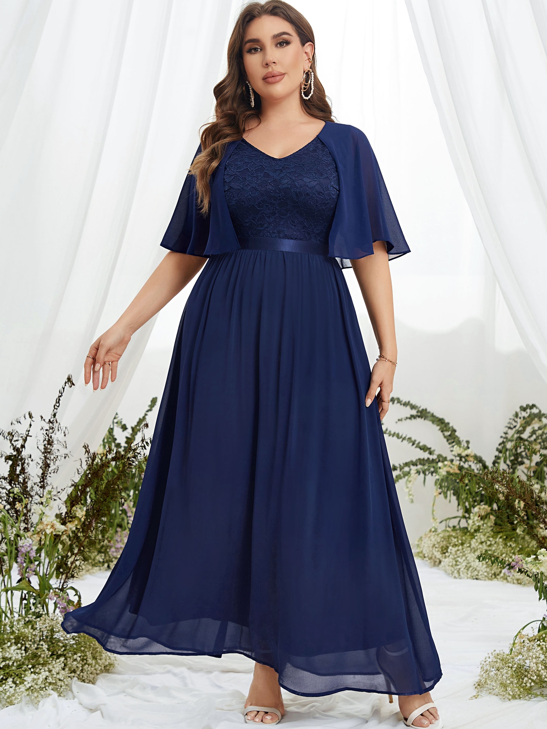 Flowy Butterfly Cape Sleeves Chiffon V-neck Ruffled Hem Bodysuit Spring  Summer Jumpsuit Party Banquet Wedding Formal Event Navy Blue 