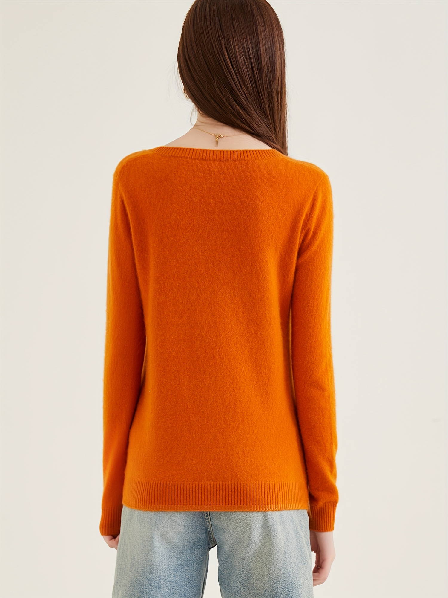 100 cashmere sweater casual long sleeve crew neck sweater womens clothing orange red 1