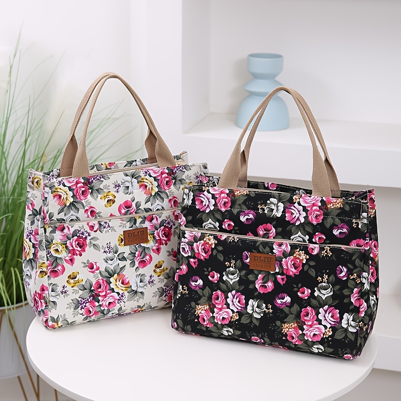 Cute Floral Print Tote Bag, Portable Small Handbag, Women's Fashion Storage  Bag & Lunch Bento Bag For Picnic School Office - Temu
