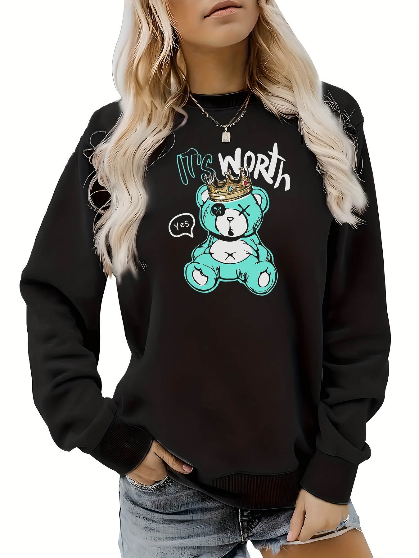 Chicago Bear Print Sweatshirt, Casual Long Sleeve Crew Neck Sweatshirt,  Women's Clothing - Temu