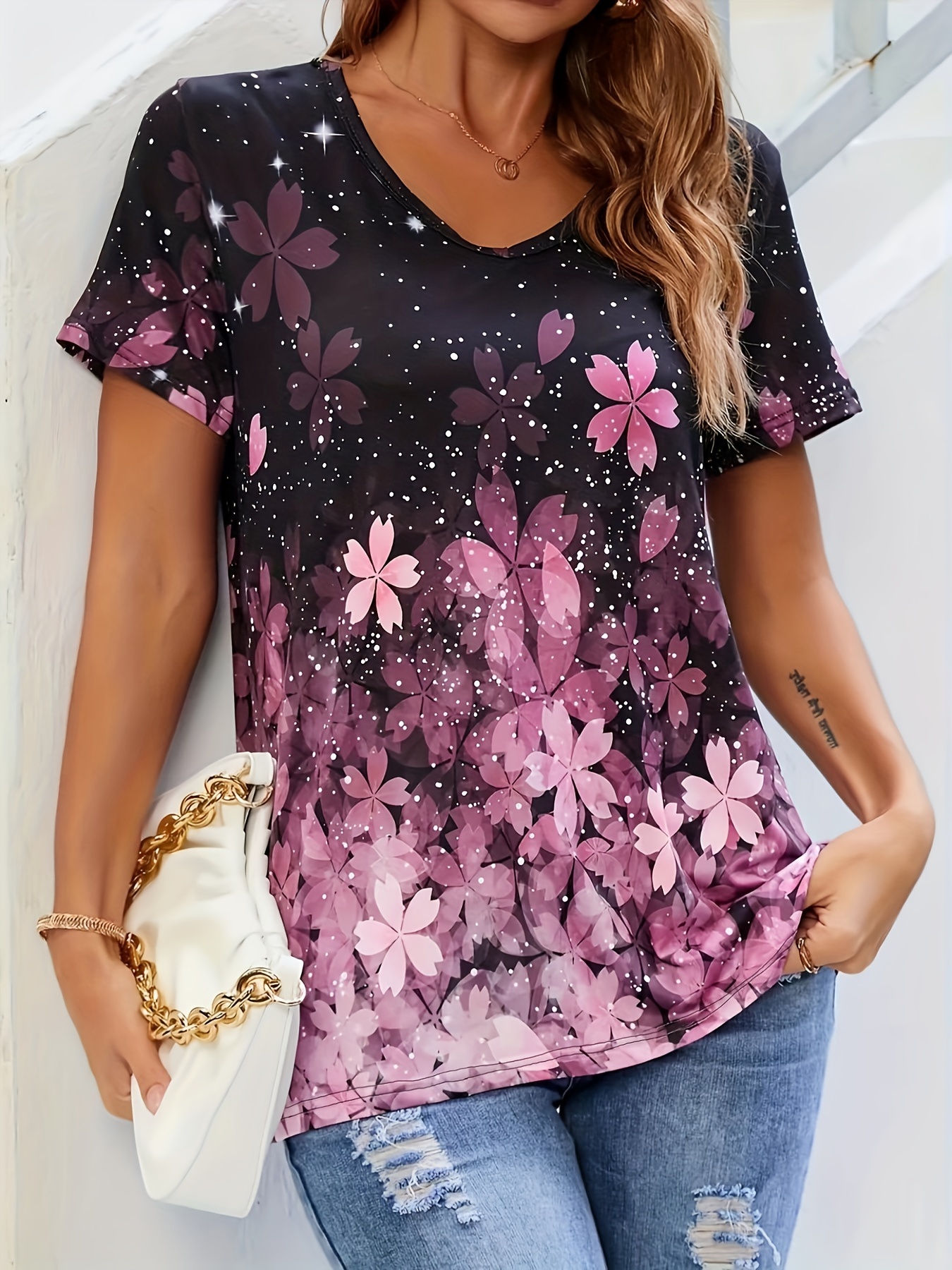 floral print t shirt casual v neck short sleeve summer t shirt womens clothing