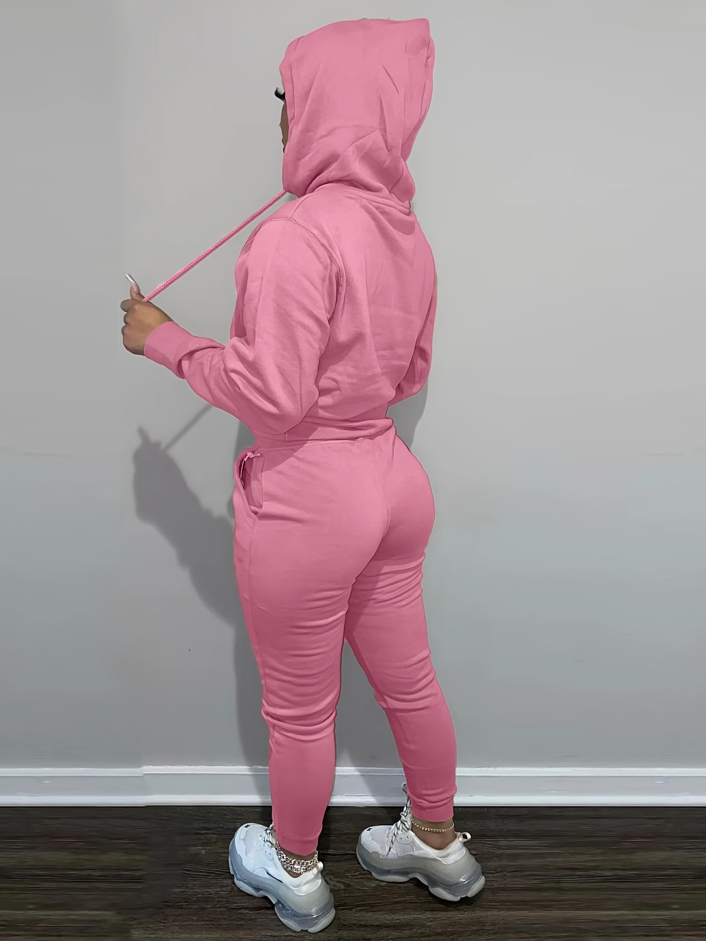 Women Solid Pink Tracksuit Casual Outfit Pants Long Sleeve