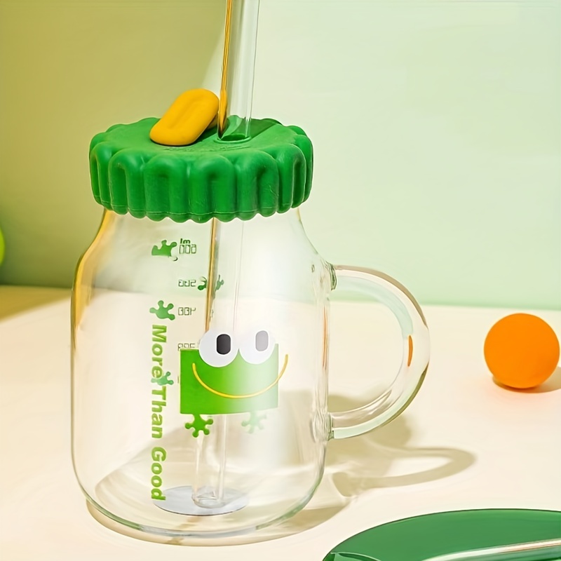 Cartoon Glass Cup With Lid And Straw Cute Kawaii Clear Water - Temu