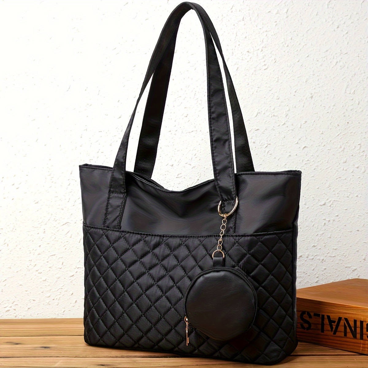 

Argyle Quilted Tote Bag With Round Coin Purse, Large Capacity Shoulder Bag, Casual Nylon Handbag For Commuting, Shopping