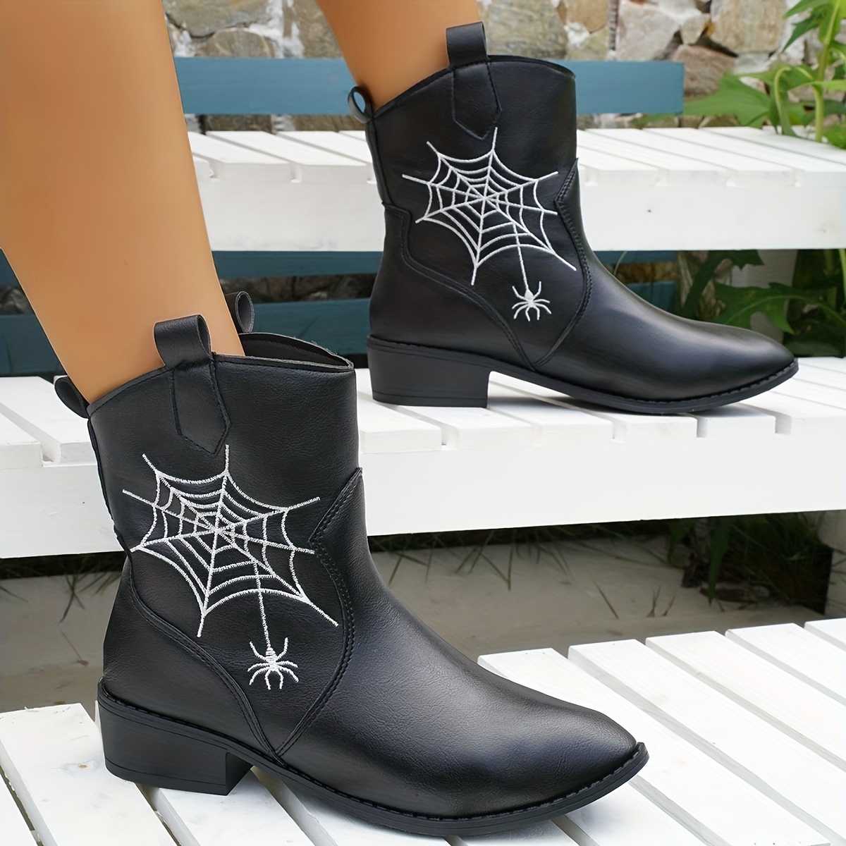 Women's Spider Print Boots Slip Point Toe Chunky Heel - Temu