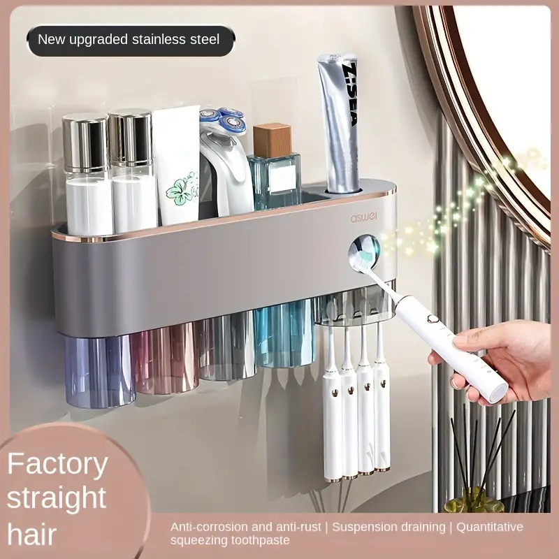 1pc Stainless Steel Toothbrush Holder With Automatic Toothpaste Dispenser  And Large Capacity Tray - Wall Mounted Toothbrush Storage Rack And Minimalis