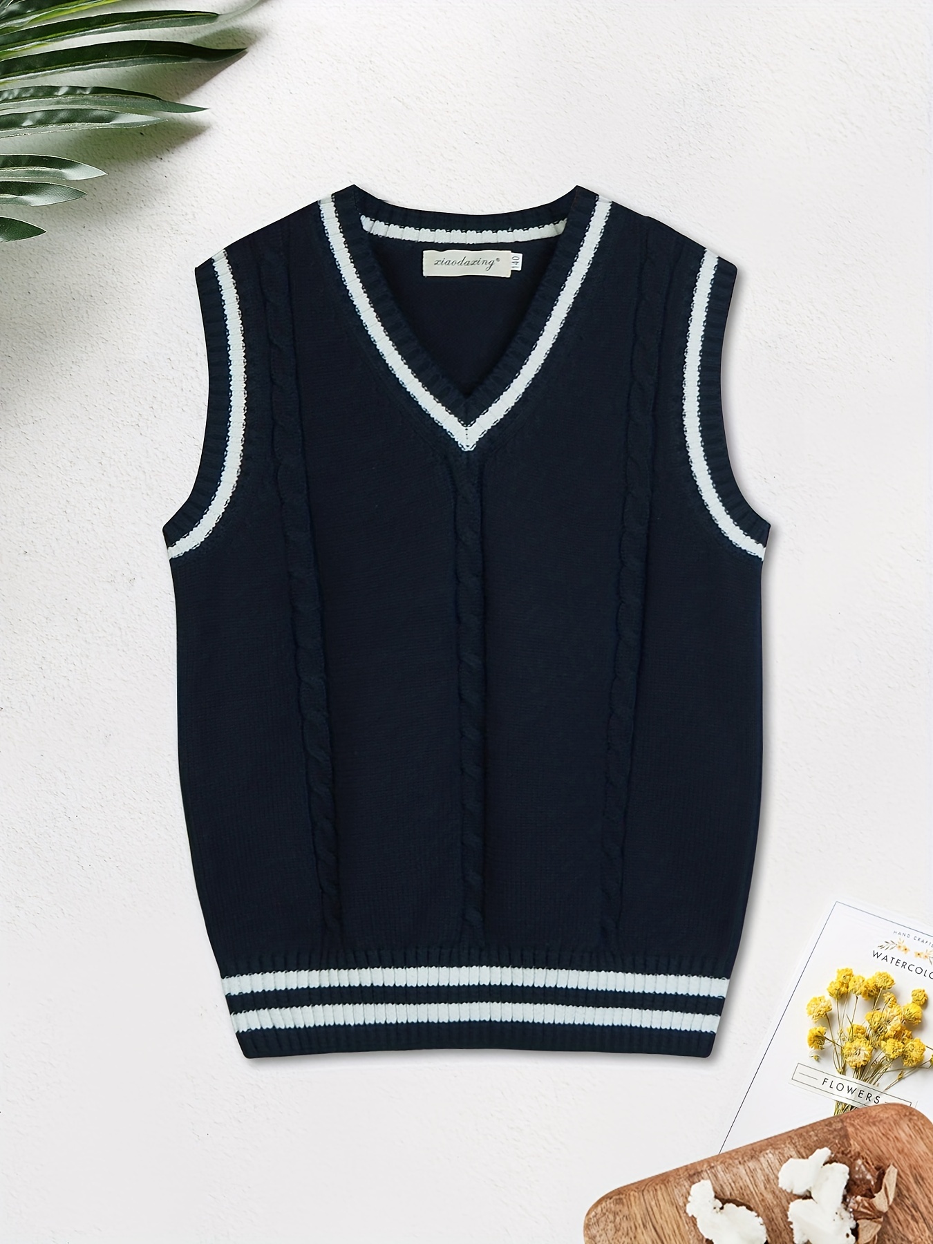 Teens Uniform V-Neck Comfortable Cable Knit Vest Sweater For Girls/Boys