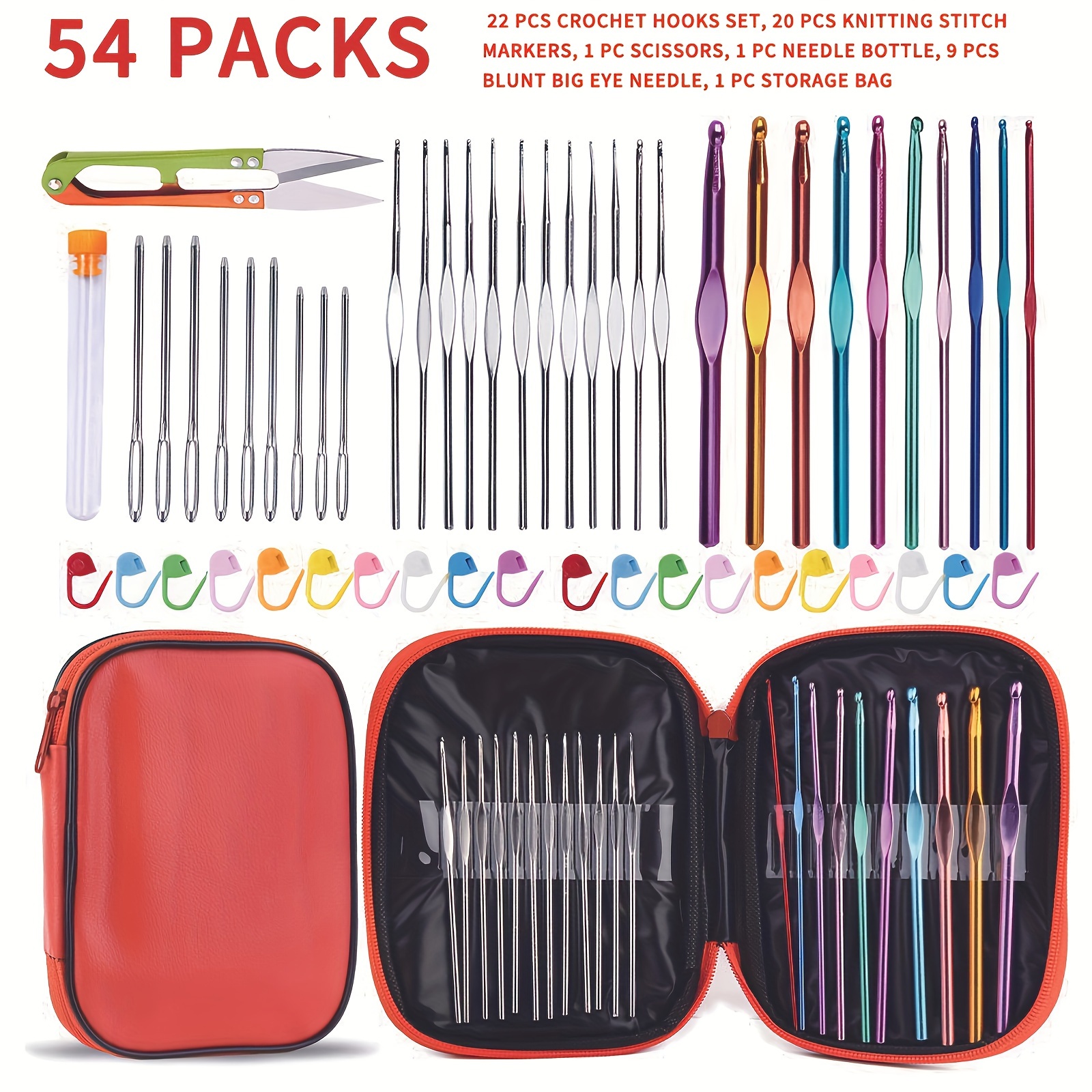 54pcs Crochet Needles Set, Crochet Hooks Kit With Storage Case, Ergonomic  Knitting Needles Blunt Needles Stitch Marker DIY Hand Knitting Craft Art Too