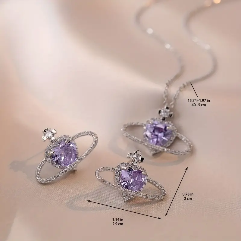 Love Purple Planet Zircon Pendant Necklace Earrings Set - Temu