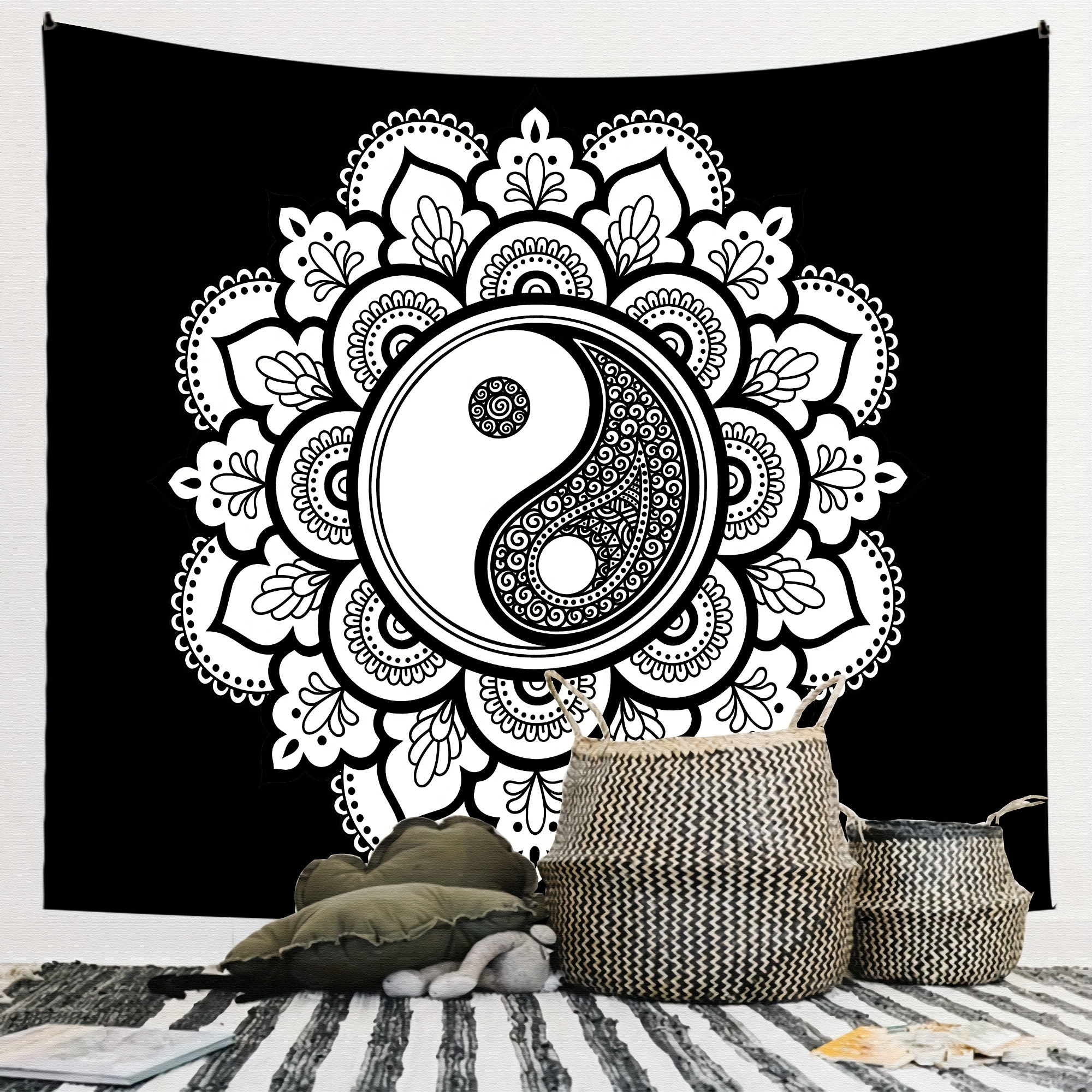 

1pc Black And White Mandala Tai Chi Peach Skin Velvet Tapestry Fashionable Nordic Zen Style Decorative Cloth Mandala Multi Functional Wall Hanging Tapestry For Living Room Home Decor