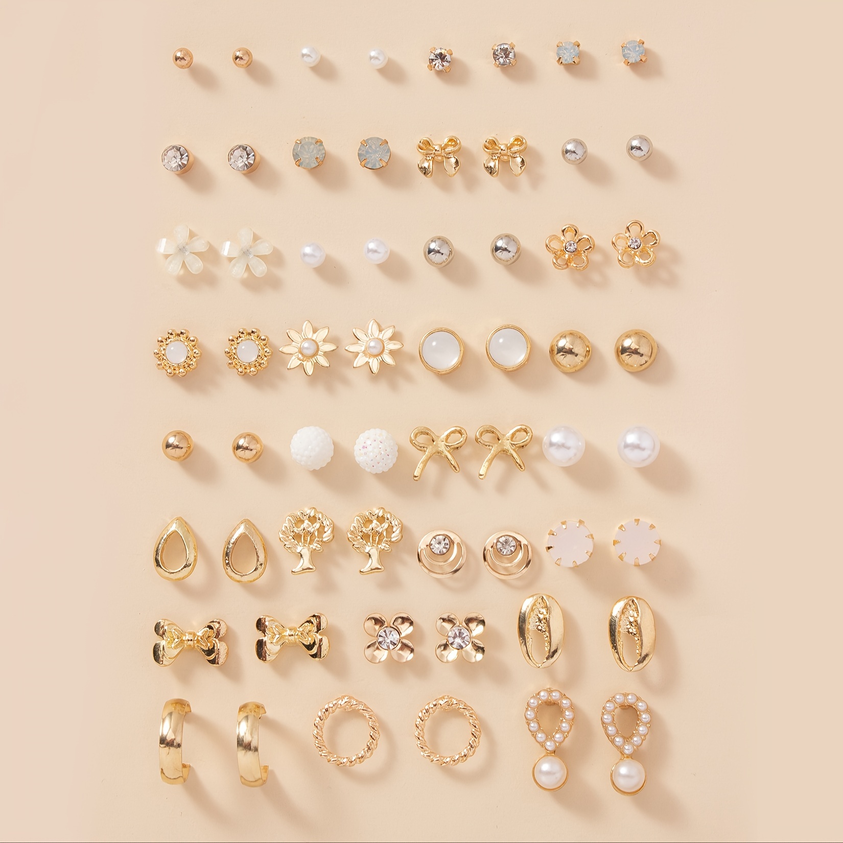

30 Pairs Set Of Tiny Stud Earrings Zinc Alloy Jewelry Rhinestones Inlaid Different Shapes Elegant Leisure Style Ear Jewelry Set