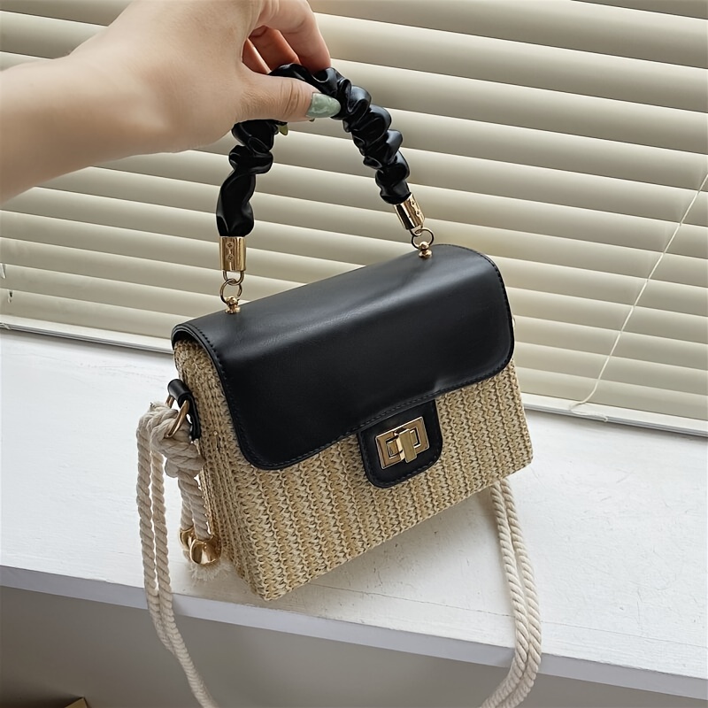 Mini Flap Square Straw Bag, Ruched Top Handle Box Bag, Stylish Twist Lock  Shoulder Purse With Braided Strap