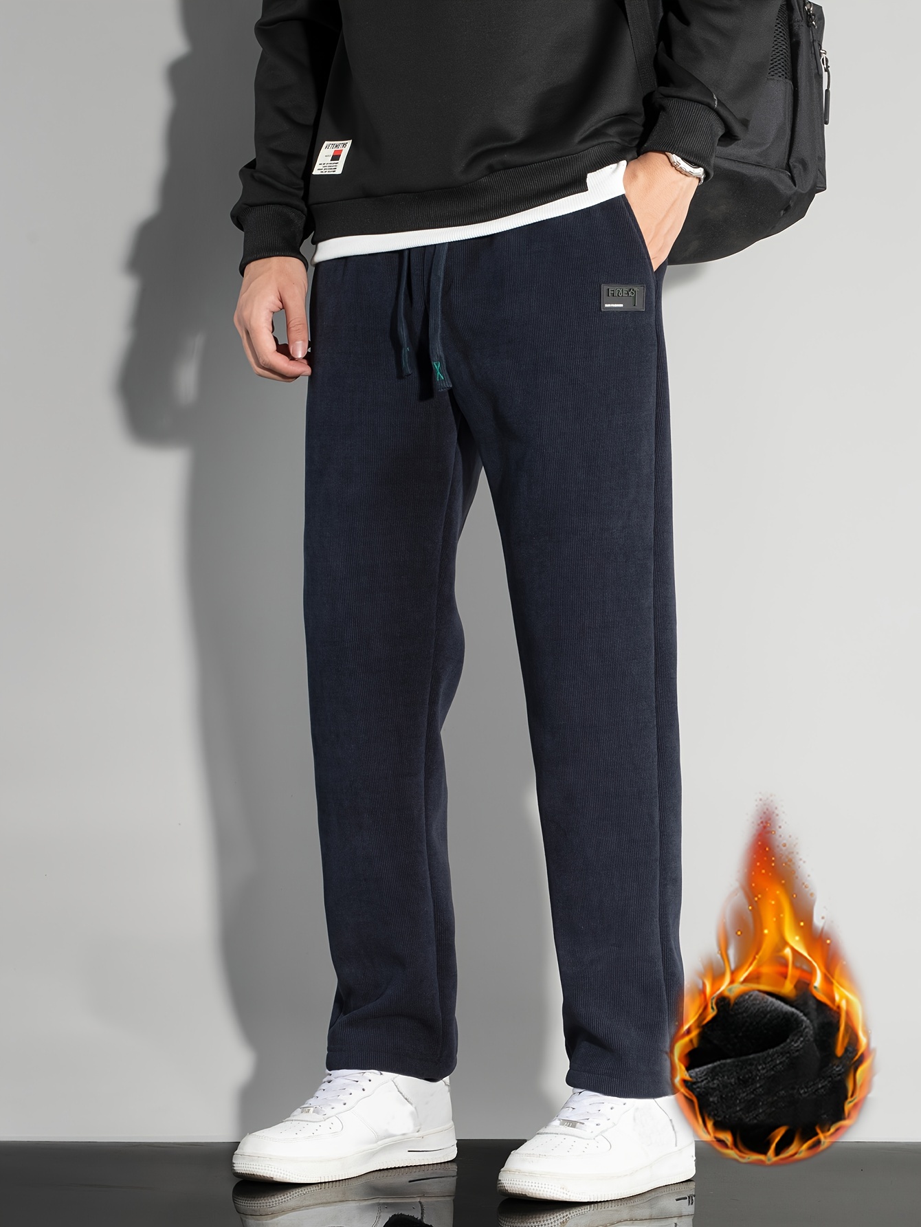 Men's Plush Solid Color Pocket Leggings Active Warm Sports - Temu
