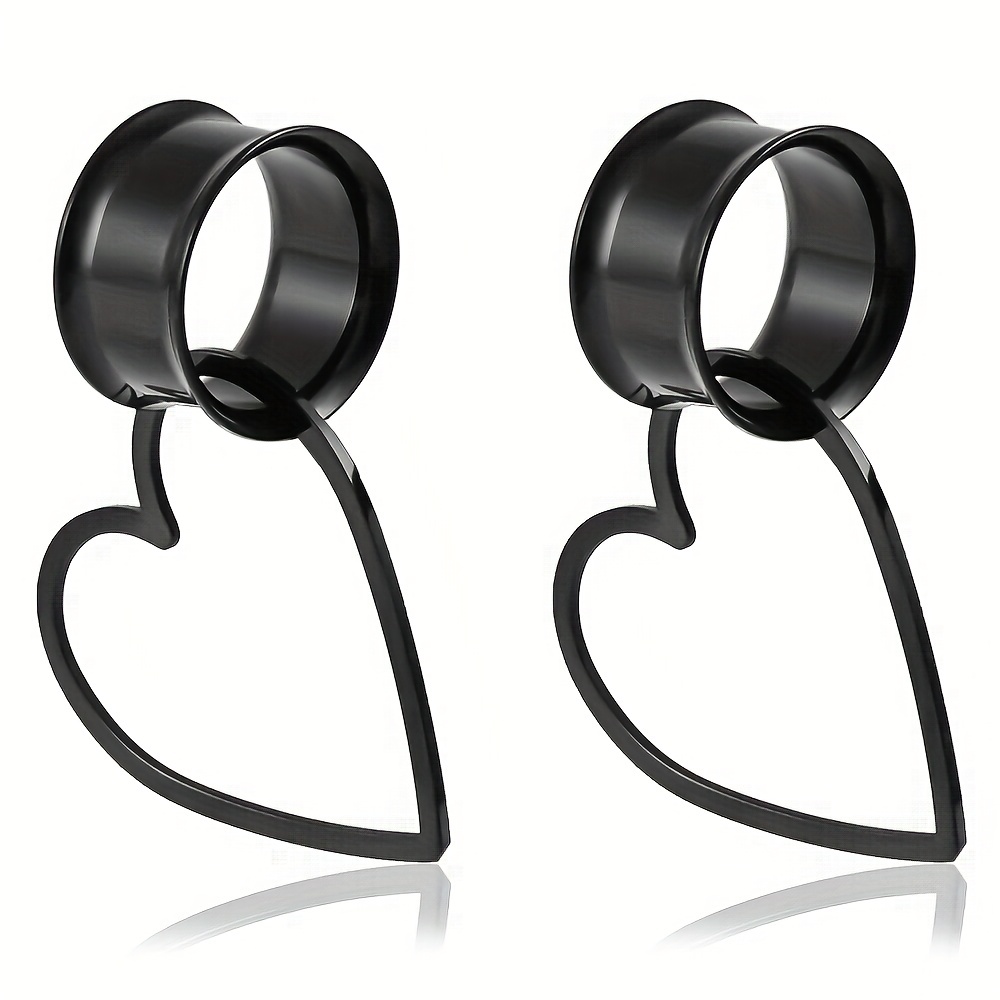 Image of 2pcs Heart Dangle Double Flared Ear Plugs Hypoallergenic 316l Stainless Steel Flesh Tunnels Piercing Ear Gauges Stretchers Body Jewelry