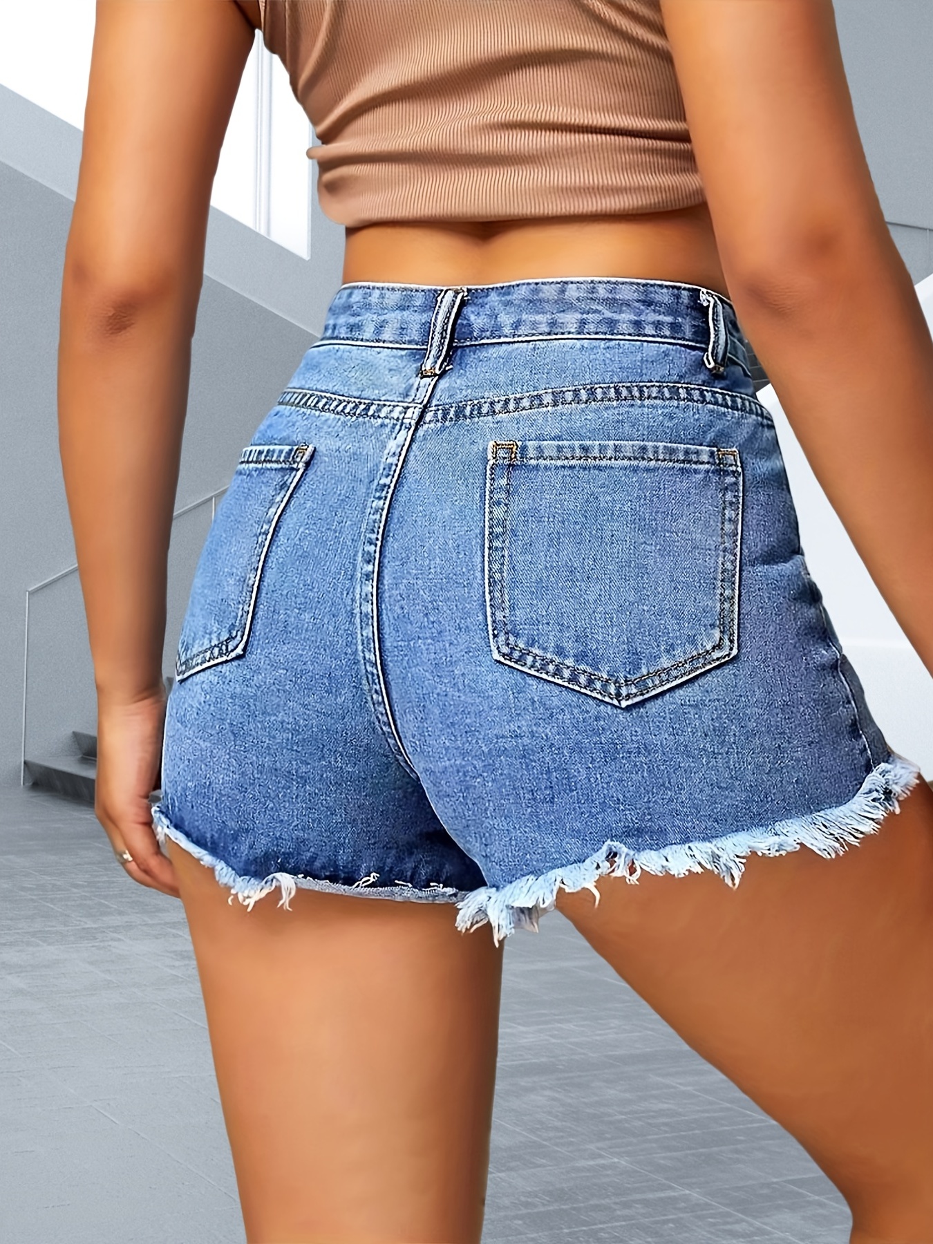 Ripped Row Hem Washed Blue Denim Shorts, Solid Color Slash Pockets  Distressed Jeans For Spring And Summer, Women's Denim Jeans & Clothing