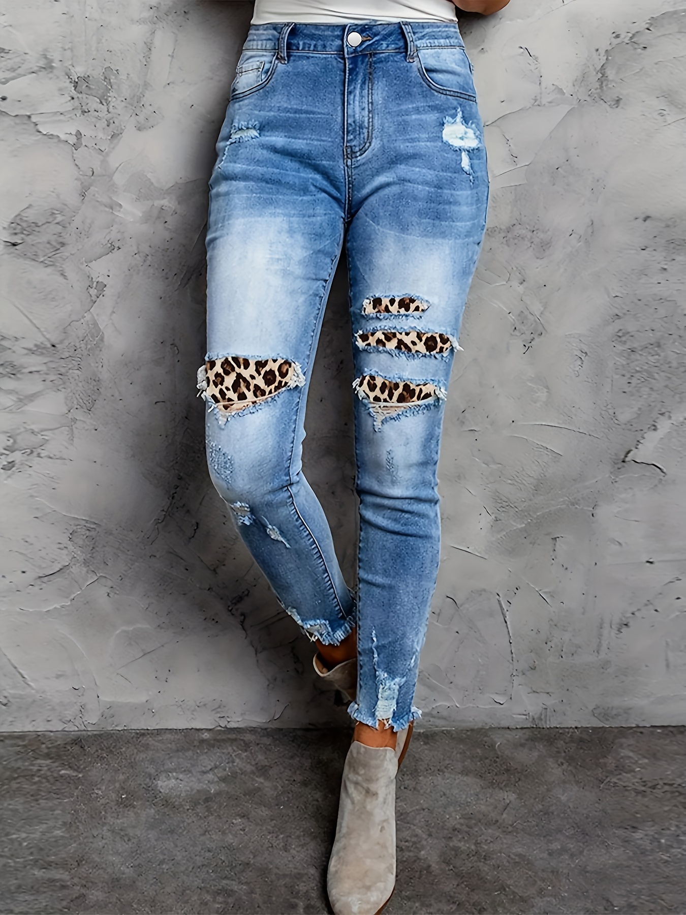 Jeans Casuales De Talla * Jeans Ajustados De Tiro Alto Con Botones Rasgados  Y Estampado De Letras Para Mujer