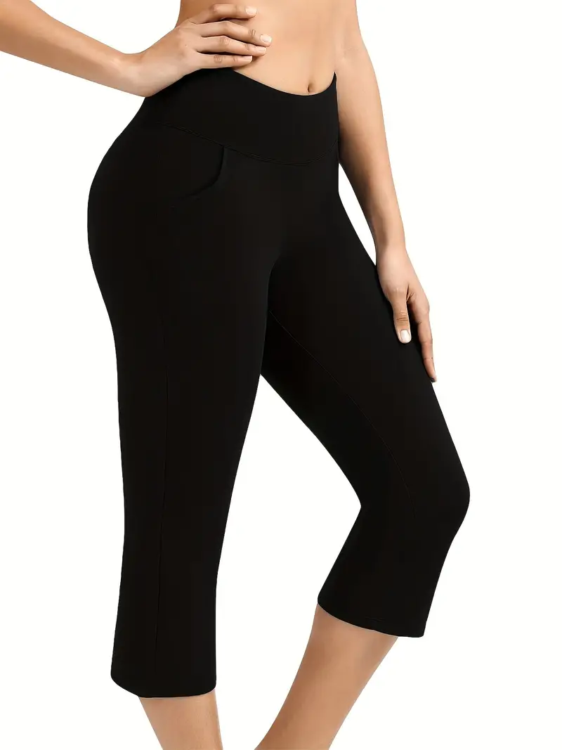 Plain With Pockets Yoga Pants, Mid-Stretch Sporty Capris Workout Pants,  Women's Activewear