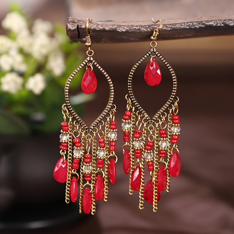 Buy The Red Tassel Earrings with Gold Oval and Crystal | JaeBee