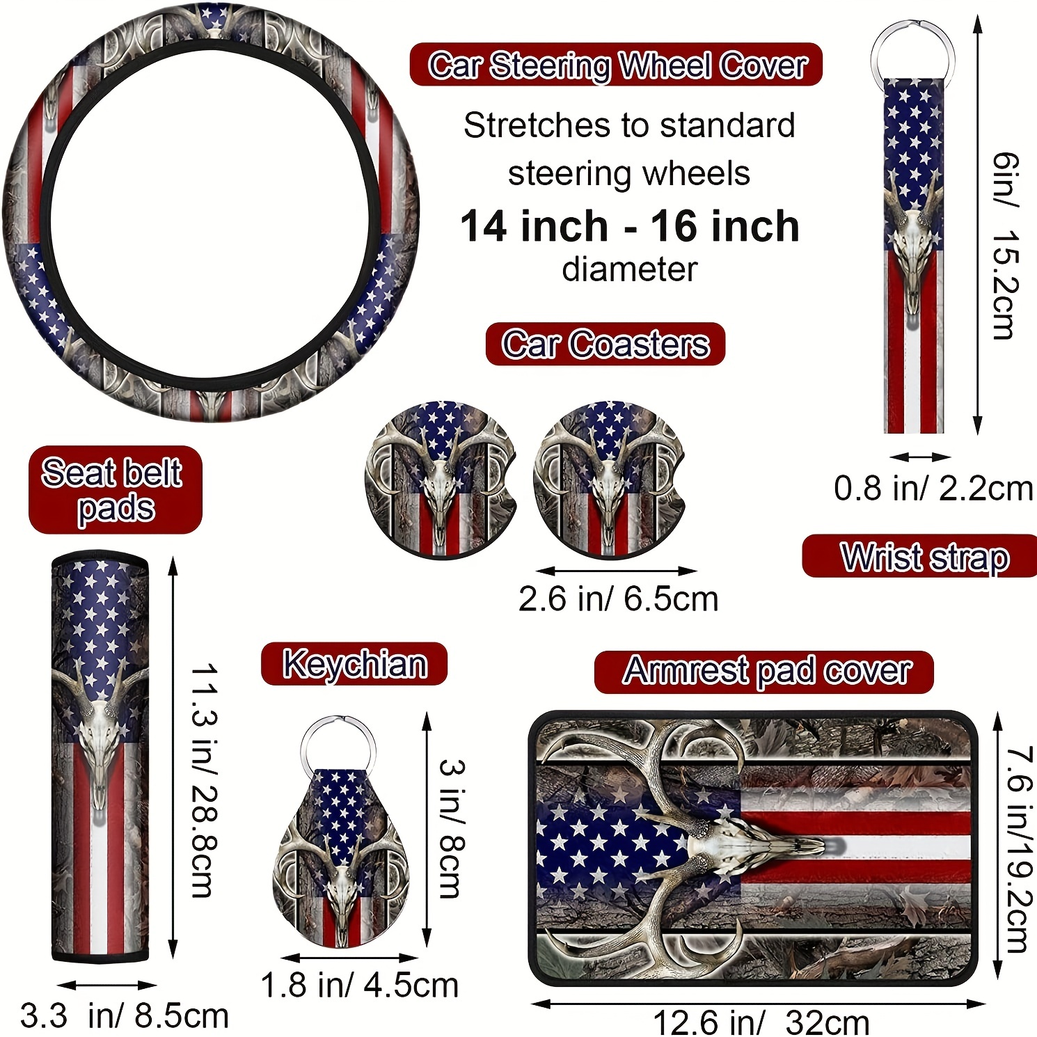 Show Your Patriotism with this 10pcs American Flag Wood Deer Skull Camo Car  Accessories Set!