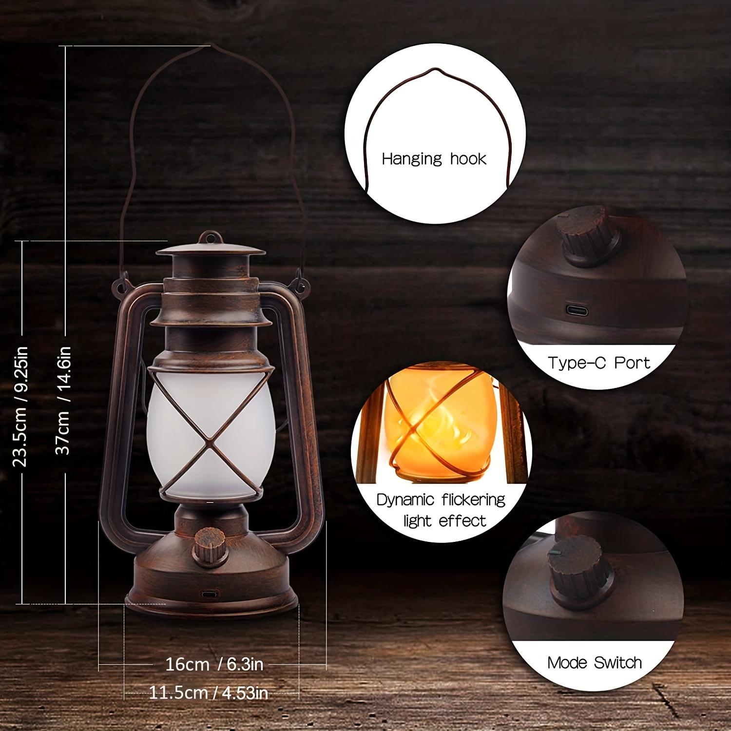 Vintage Lantern LED Battery Powered Camping Lamp Outdoor Hanging Lantern  Flickering Flame Rechargeable Retro Lanterns Remote Control 4 Modes Light
