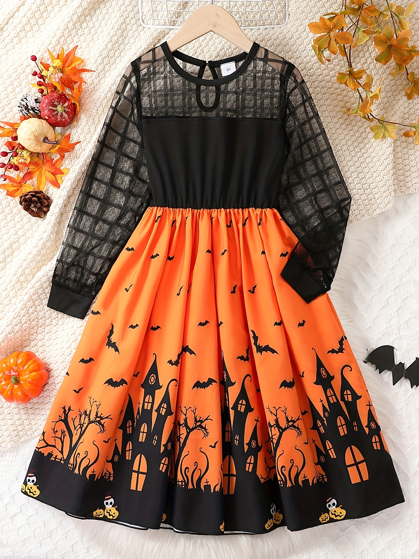 Girls' Teen Long Sleeve Halloween Maxi Dress with Mesh Panel & Full-Length  - Fall Dress Suitable for Teen Girls, Machine Washable, Non-Stretch Fabric