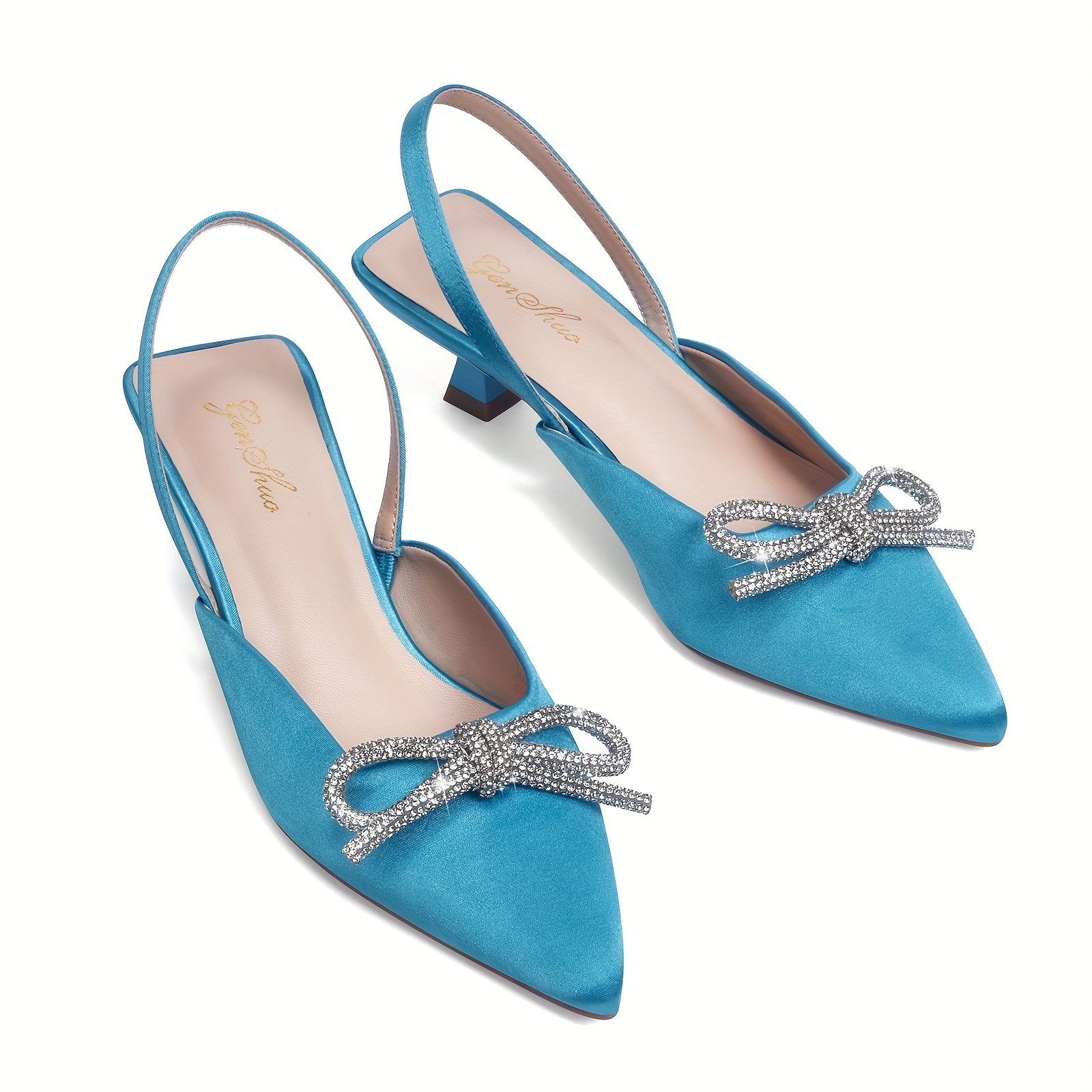 Women's Rhinestone Kitten Heels, Satin Pointed Toe Slip On Slingback Low  Heels, Party Dress Evening Sandals - Temu United Arab Emirates