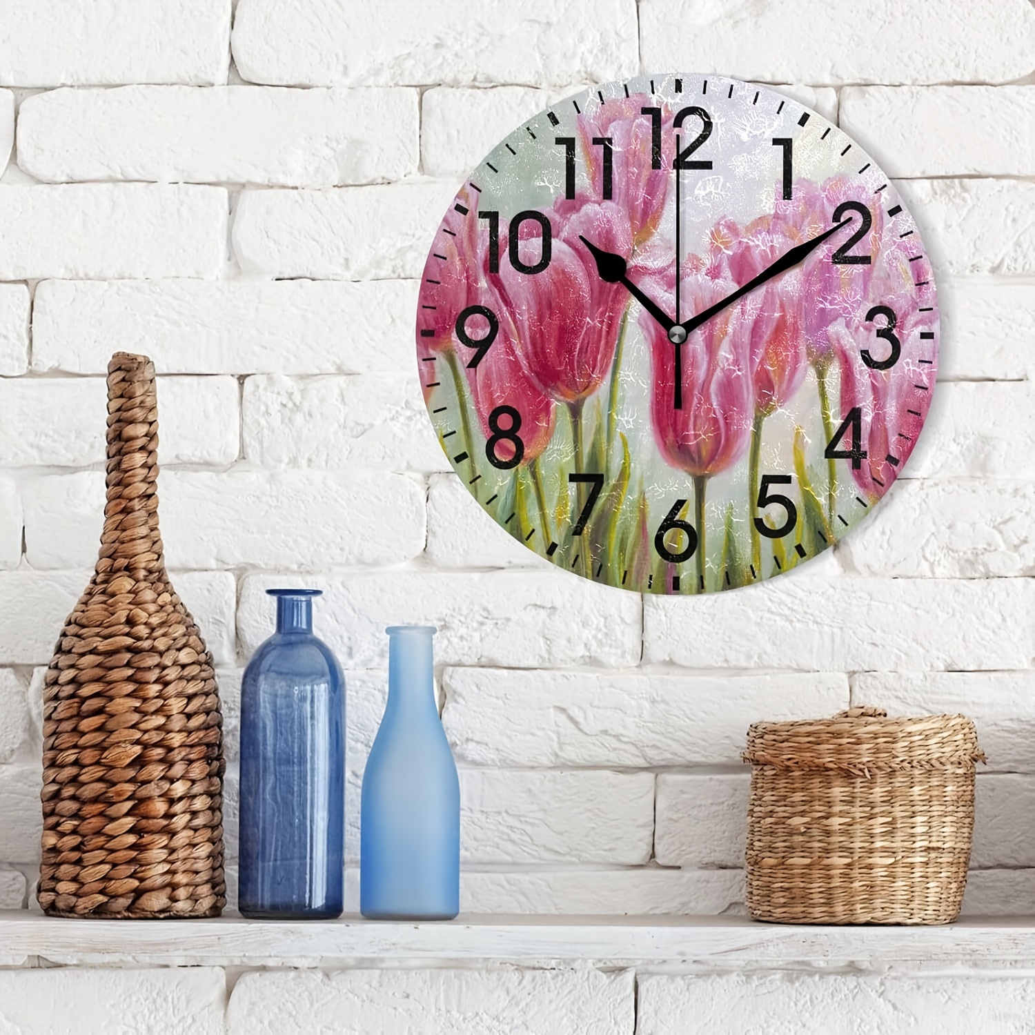  Reloj de pared vintage chic con rosas frescas y flores, pintura  al óleo, grandes relojes de pared de madera, funciona con pilas, 10  pulgadas, silencioso, retro, decoración de pared, decoración del