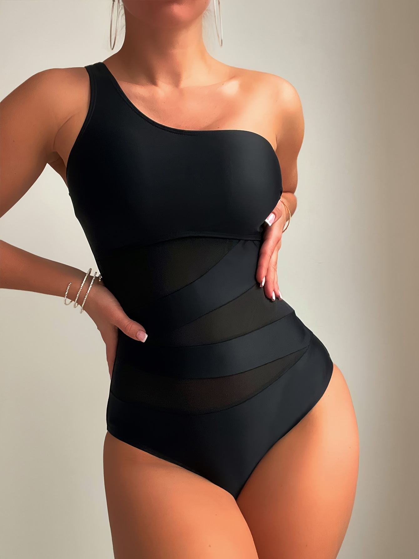 CUFFLLE Women's Sexy One Shoulder Swimsuit - Tummy Control Contrast Mesh Bathing Suit with Removable Chest Pads & High Elasticity, Solid Black Elegant Design for Beach, Pool, Summer Swimming, High Waisted Swimsuit, Beachwear, Sensual Swimwear, Adjustable Comfort Fit