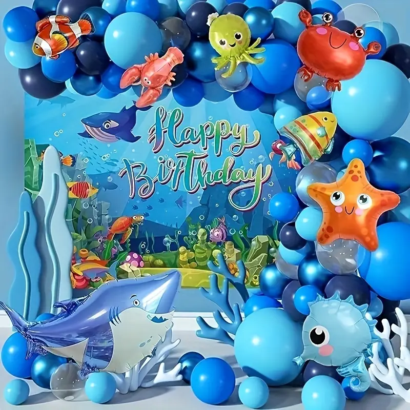 110pcs, Sea Party Decorations Ocean Theme Birthday Decorations Blue  Balloons Garland Kit Ocean Animals Foil Balloons For Pool Party And Beach  Party, G