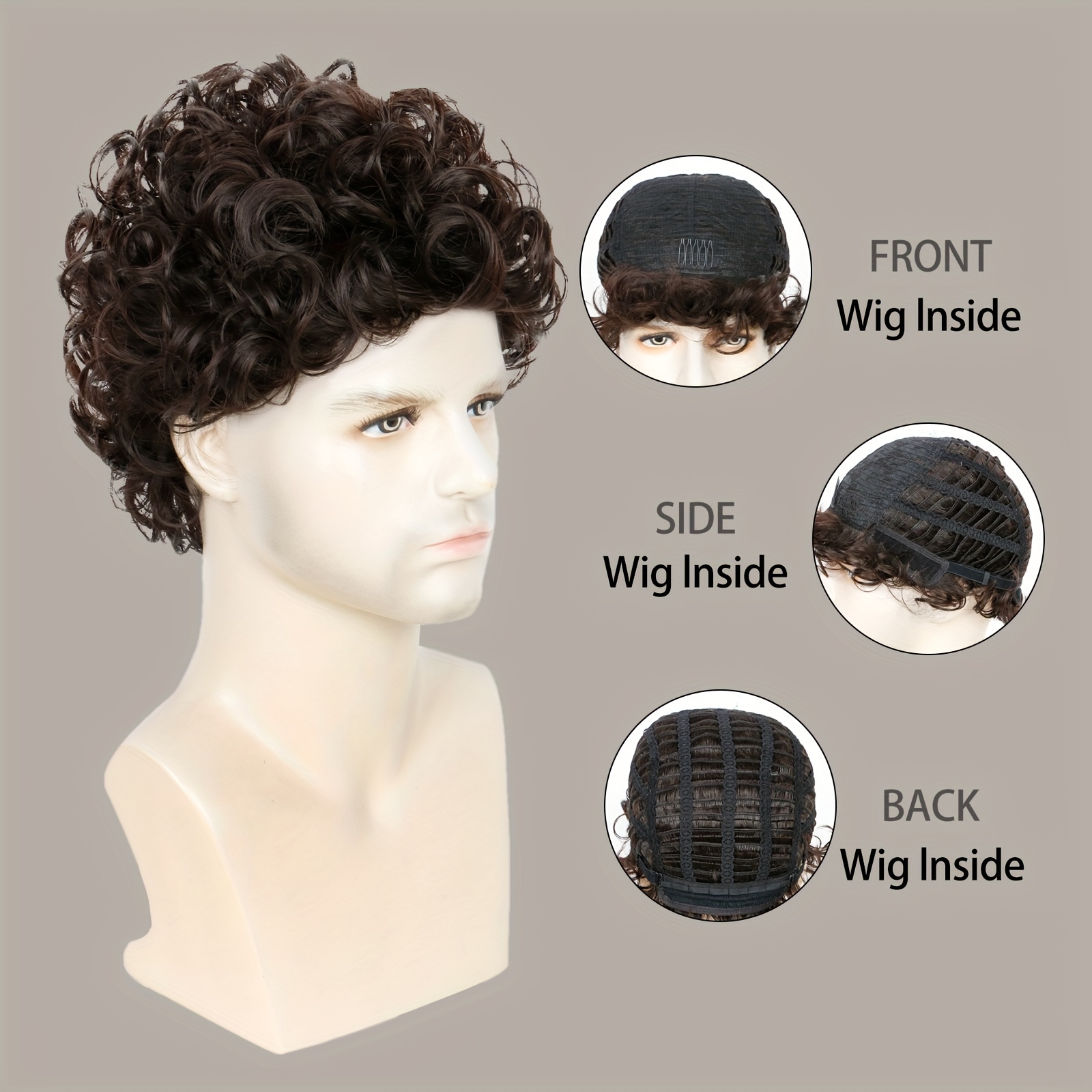 8 Inch Brown Short Curly Hair Wigs For Men Fluffy Synthetic Hair Replacement Wig For Party Cosplay Halloween Costume Daily Use