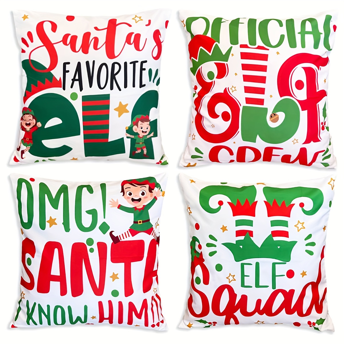 

4pcs 4 Packs Of Linen Mixed Weave Christmas Elf Letter Throw Pillow Cover