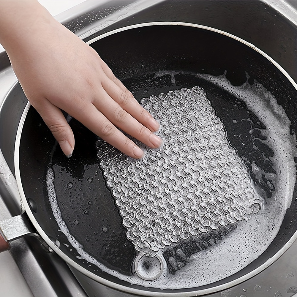 Cast Iron Scrubber Brush with Handle Cast Iron Cleaner Chainmail Scrubber +  Pan Scraper, 316 Chain Maille to Clean Pan Pot Skillet Grill Griddle Metal