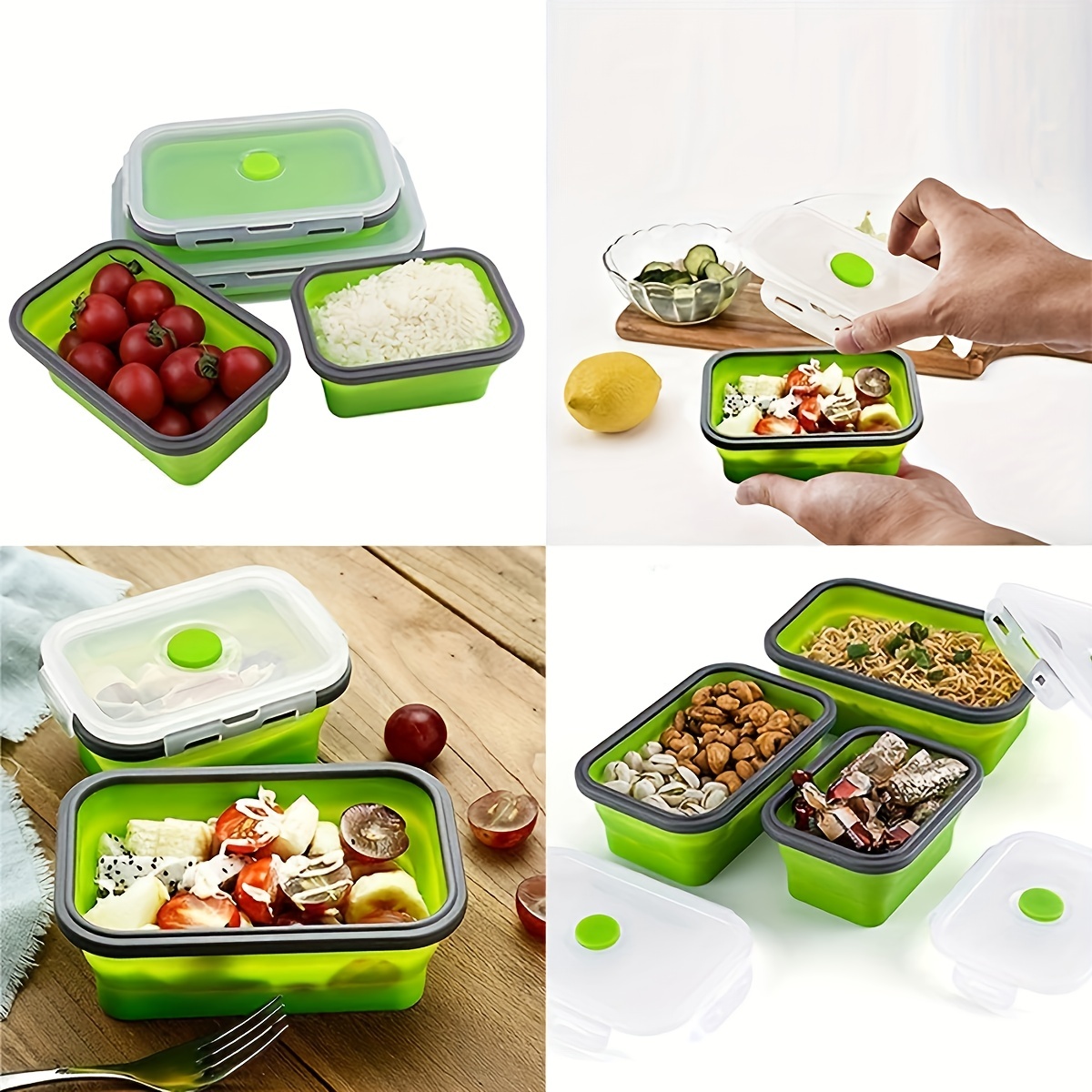 SuperDee Corp Set of 4 Collapsible Silicone Food Storage Container, Leftover Meal Box for Kitchen, Bento Lunch Boxes, BPA Free, Microwave, Dis