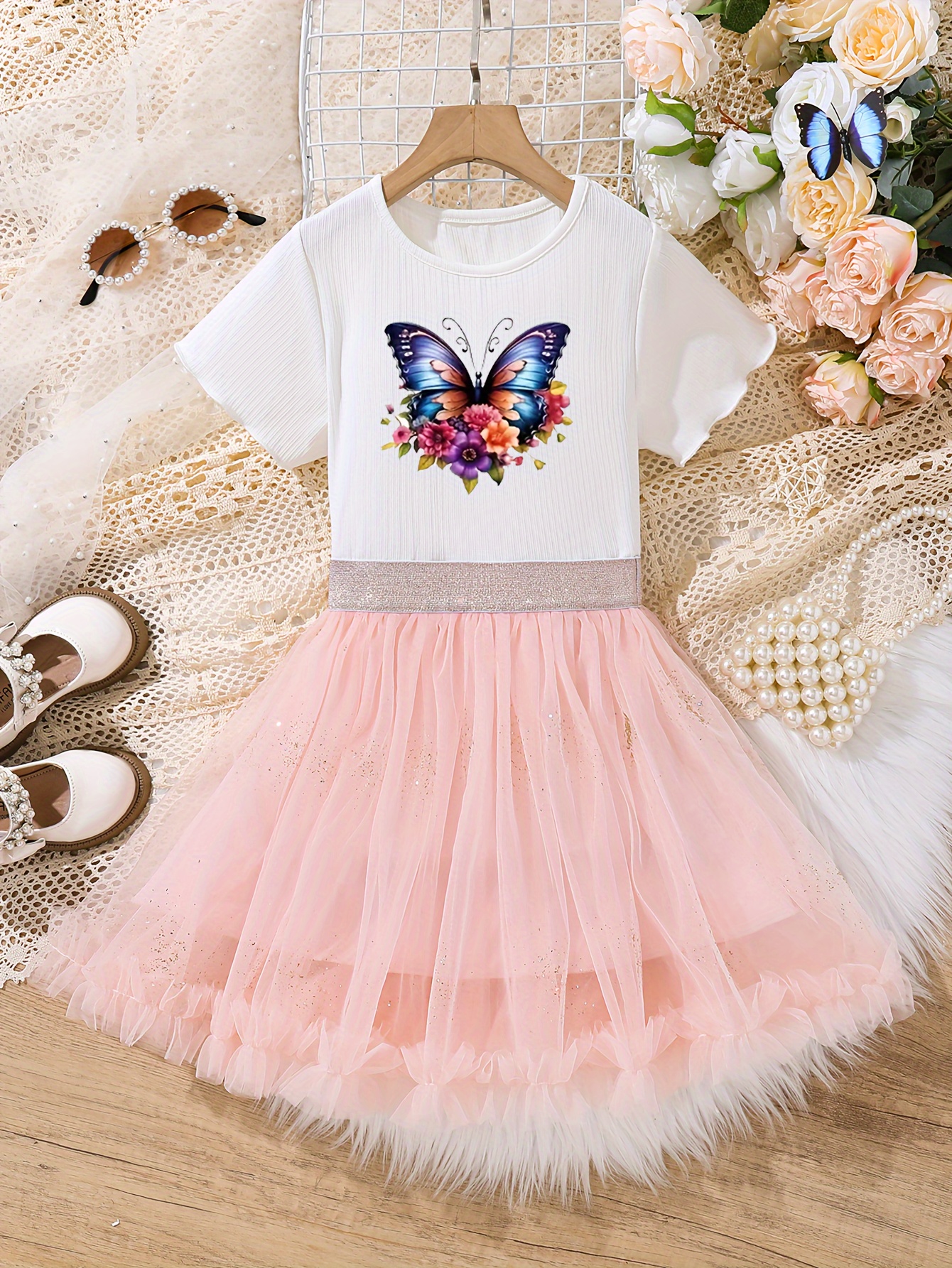 Floral Butterfly Pattern Short Sleeve T shirt + Tutu Skirt - Temu Australia