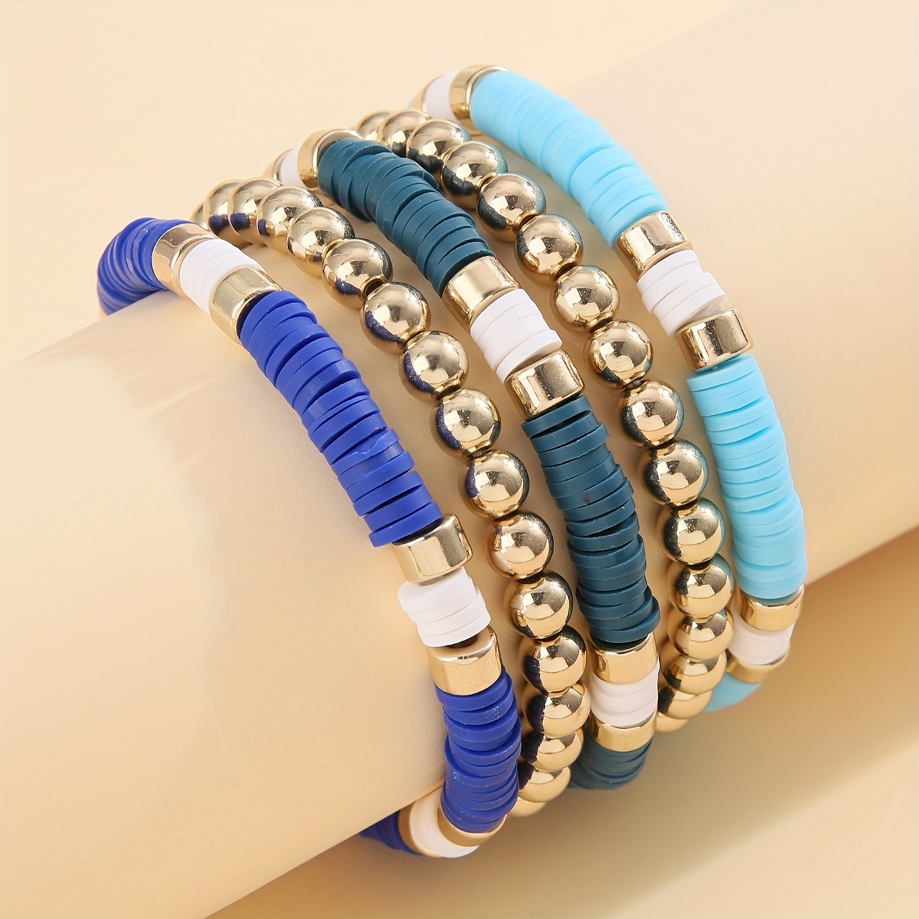 Blue Clay Beads Beaded Bracelet Set Stackable Hand - Temu