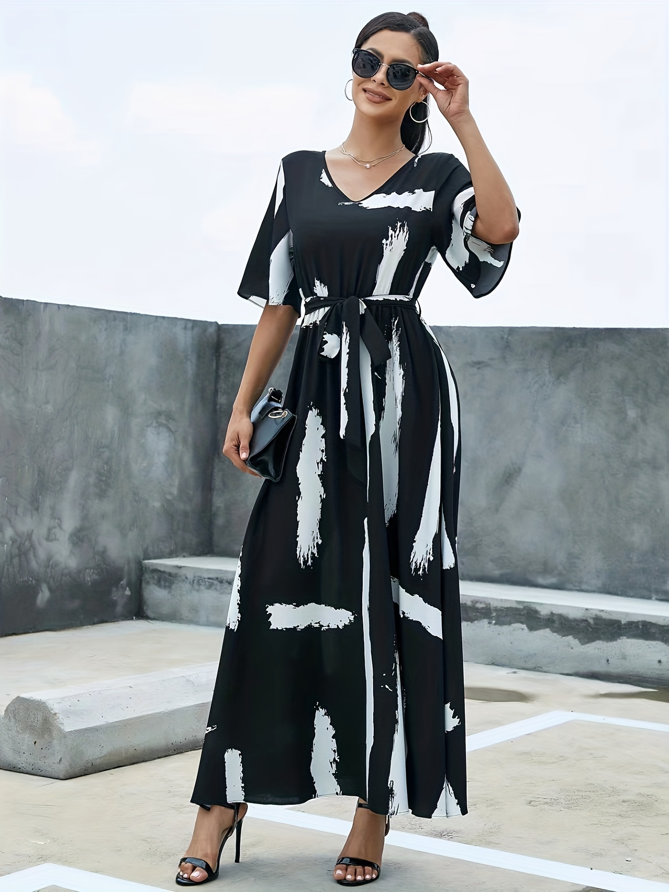 Solid Round Neck Short Sleeve Flared Maxi Dress Casual High - Temu