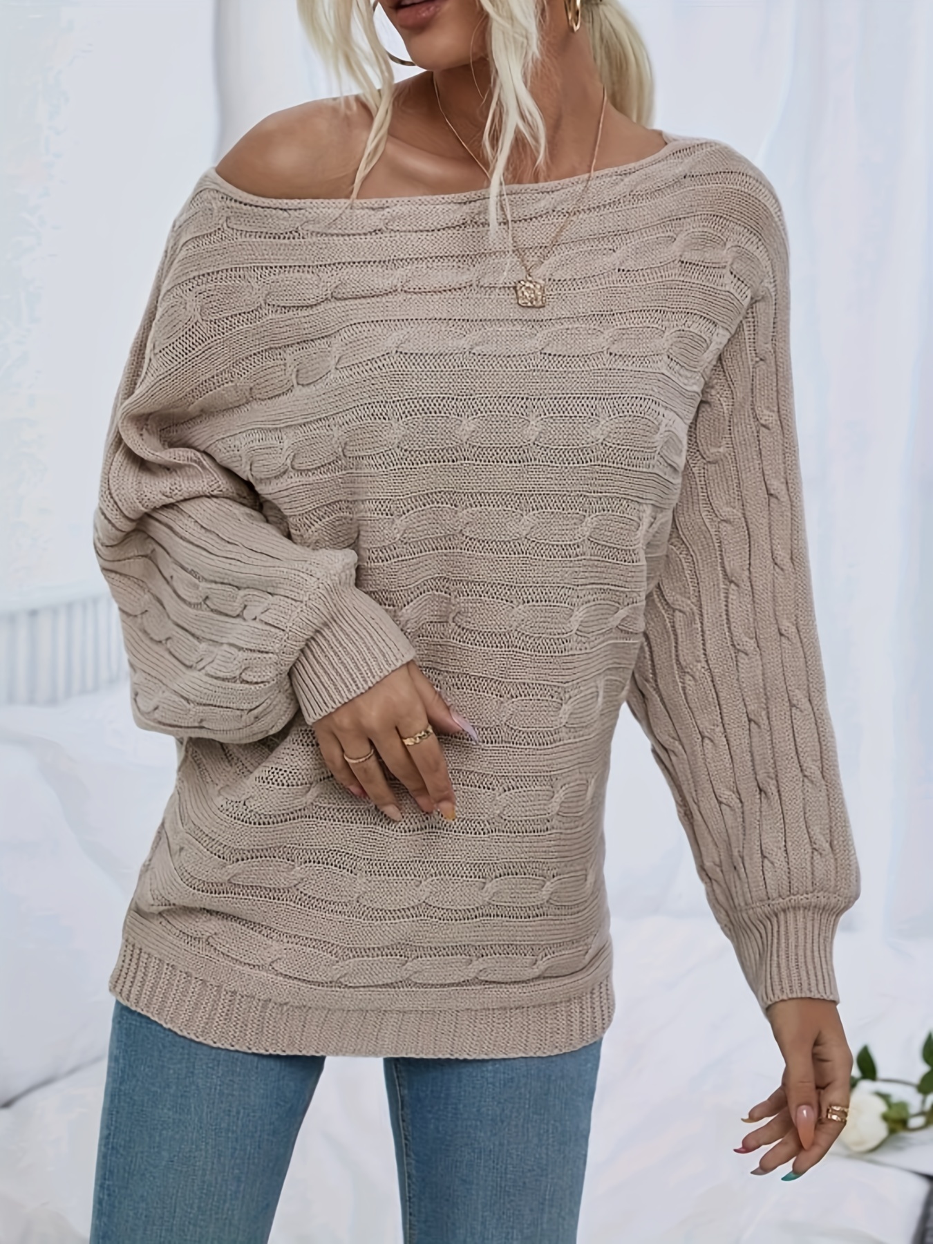 Cable Knit Boat Neck Sweater, Casual Long Sleeve Sweater For Fall