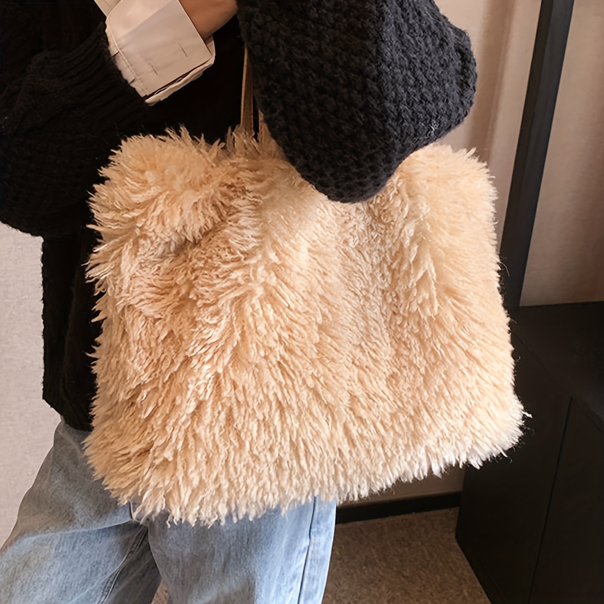 Y2k Plush Tote Bag Women Stylish Faux Fur Shoulder Bag - Temu Canada