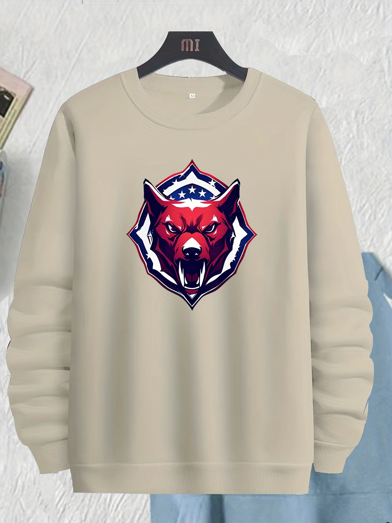 Fierce Red Wolf Print Crew Neck Sweatshirt Streetwear - Temu