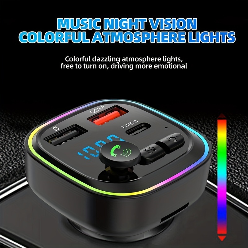 Wireless FM Radio Transmitter,Car Adapter Player With Colorful Light,HiFi  Bass Mp3 Player,Handsfree Calling,Audio Receiver USB&Type-C Charging