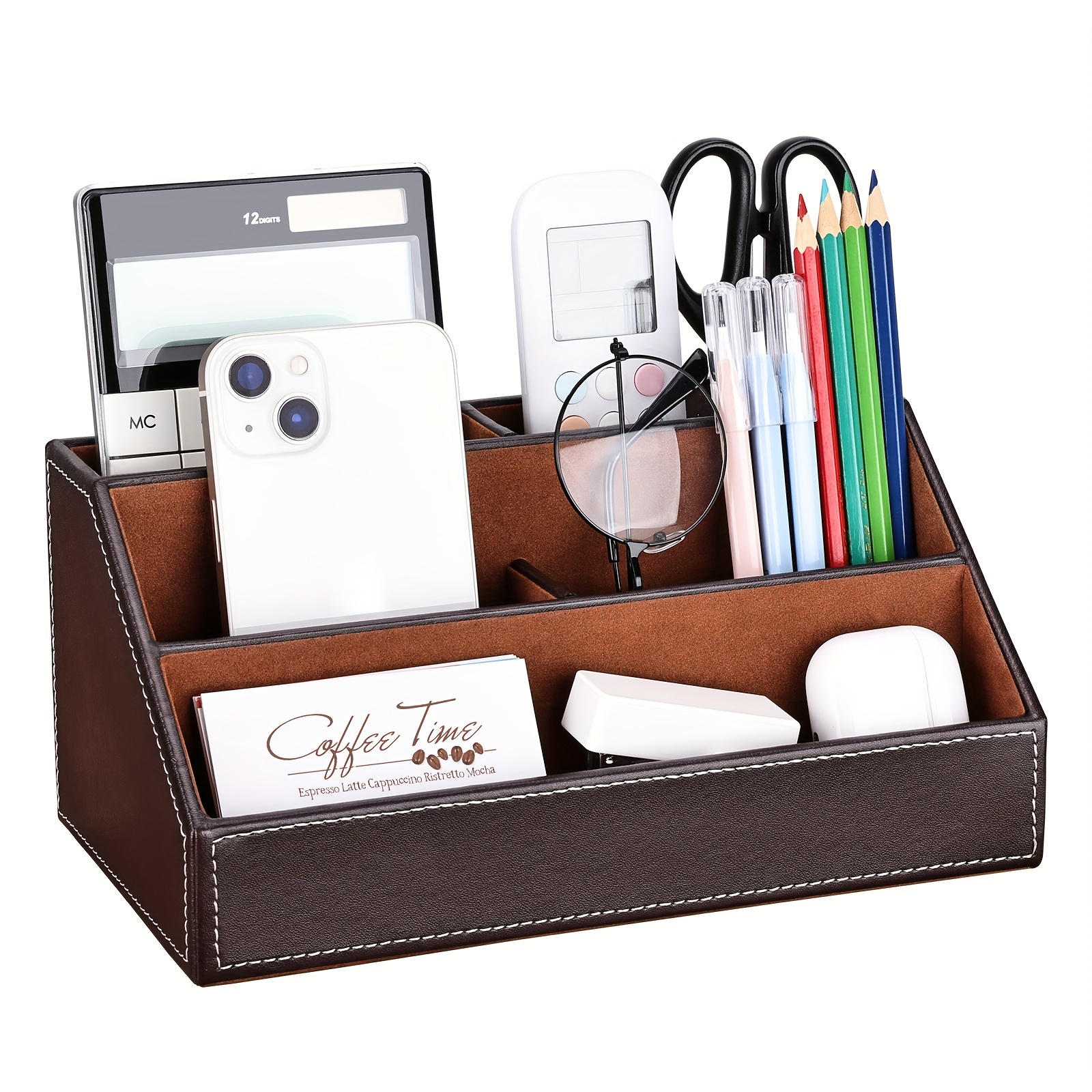 Image of Office Stationery 5-slot Pen Holder Faux Leather Desktop Small Item Organizer And Storage Box