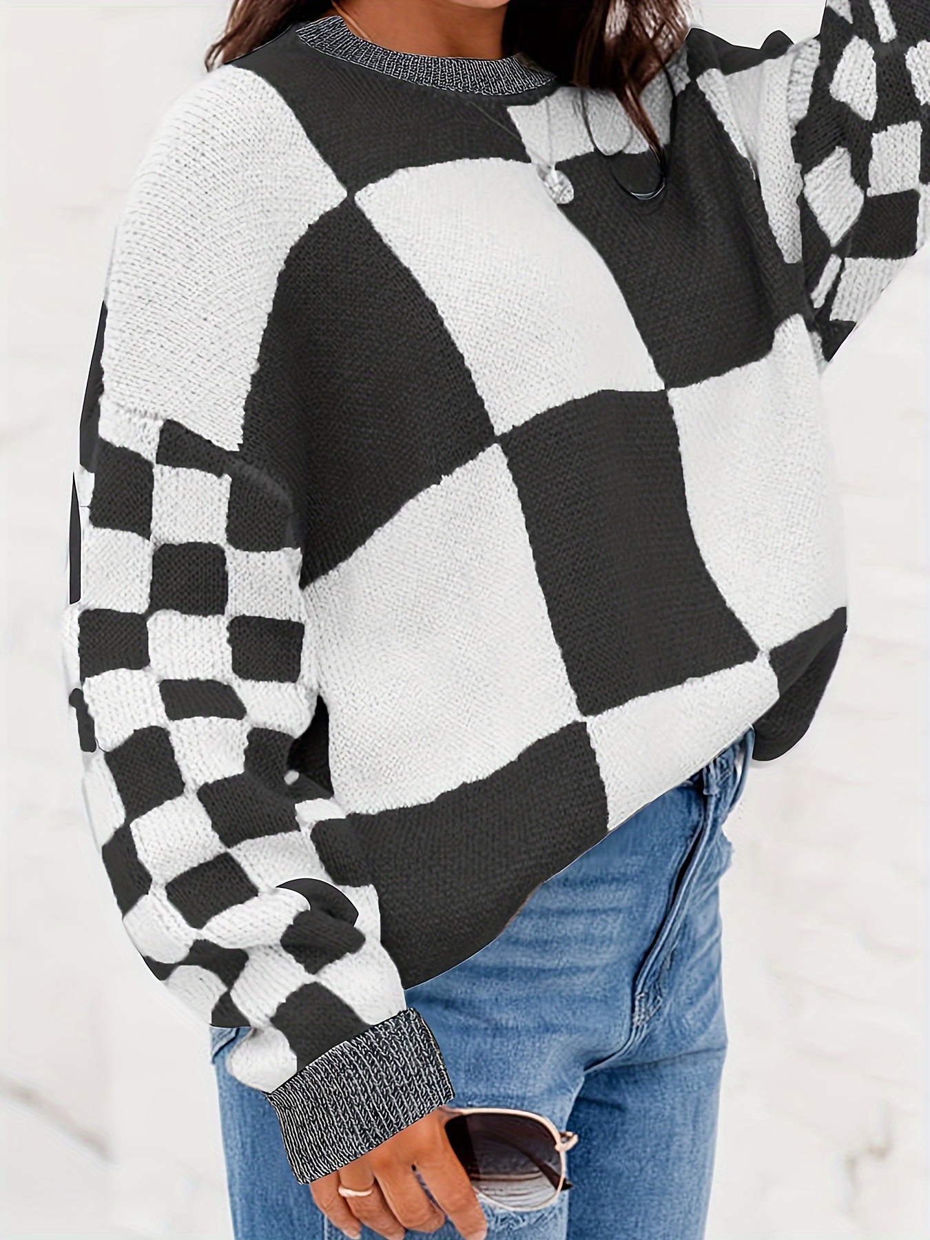 Plus Size Casual Sweater Women's Plus Colorblock Checker - Temu
