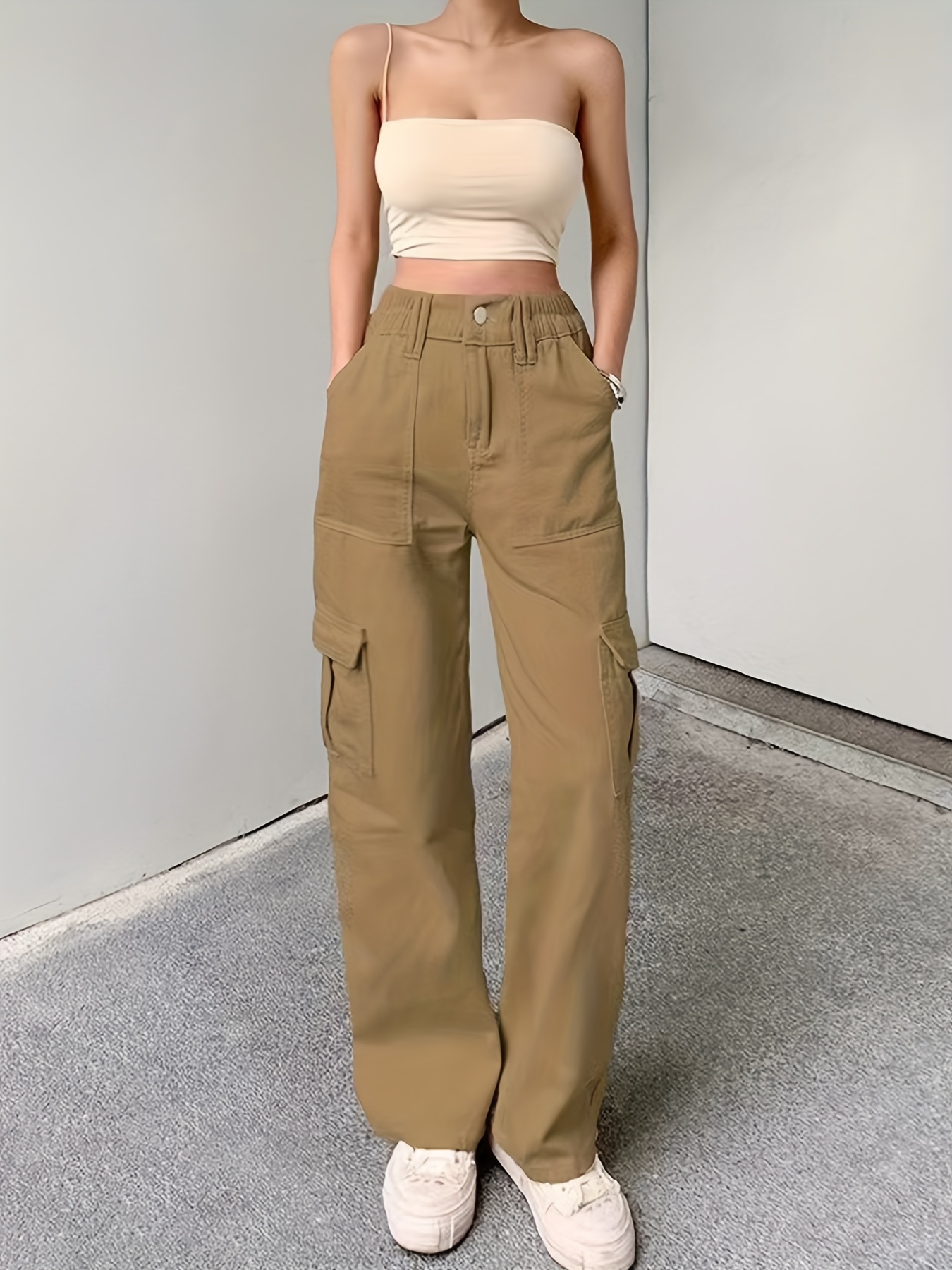 Plain High Waist Cargo Pants, Loose Fit Flap Pockets Y2K & Kpop Style  Straight Jeans, Women's Denim Jeans & Clothing
