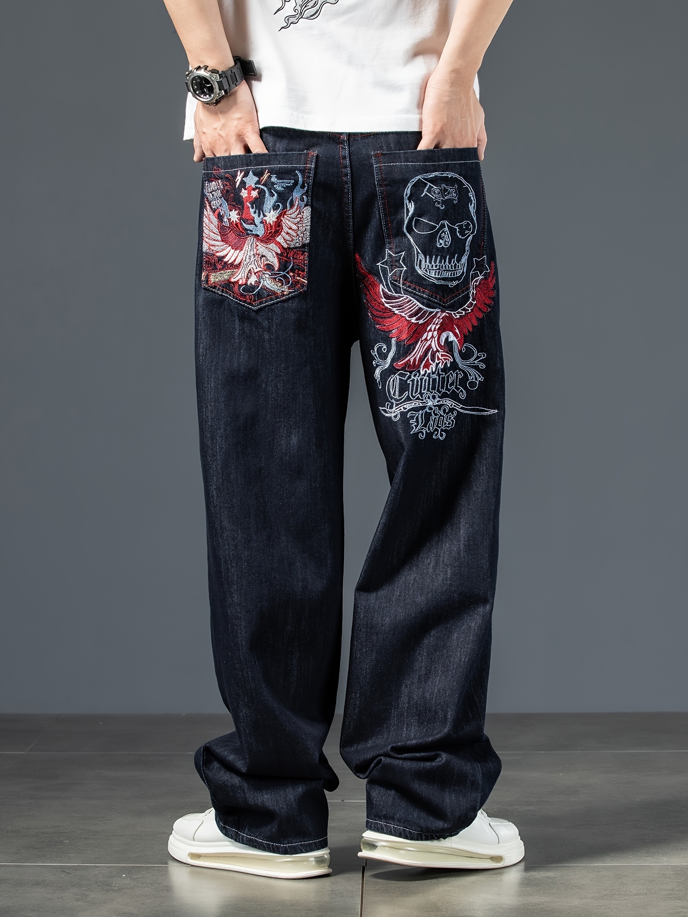 Dragon Embroidery Baggy Jeans Men's Casual Street Style Wide - Temu Japan