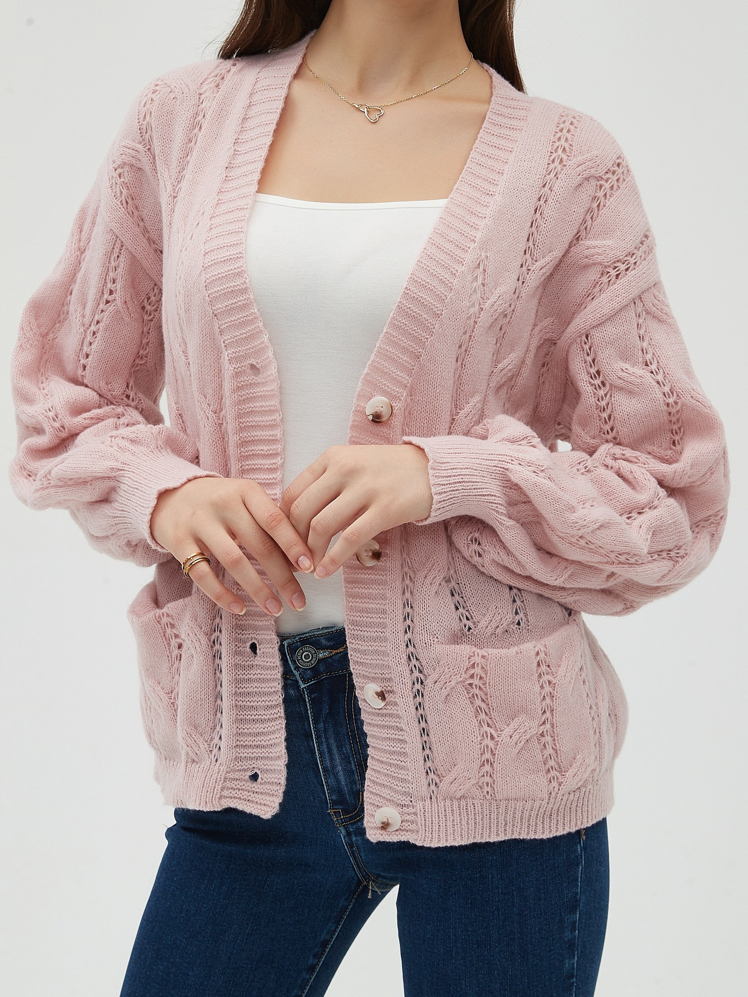 Cardigan Lavorato A Maglia A Trecce Con Bottoni Solidi, Maglione Morbido  Con Tasca A Maniche Lunghe Casual, Abbigliamento Da Donna