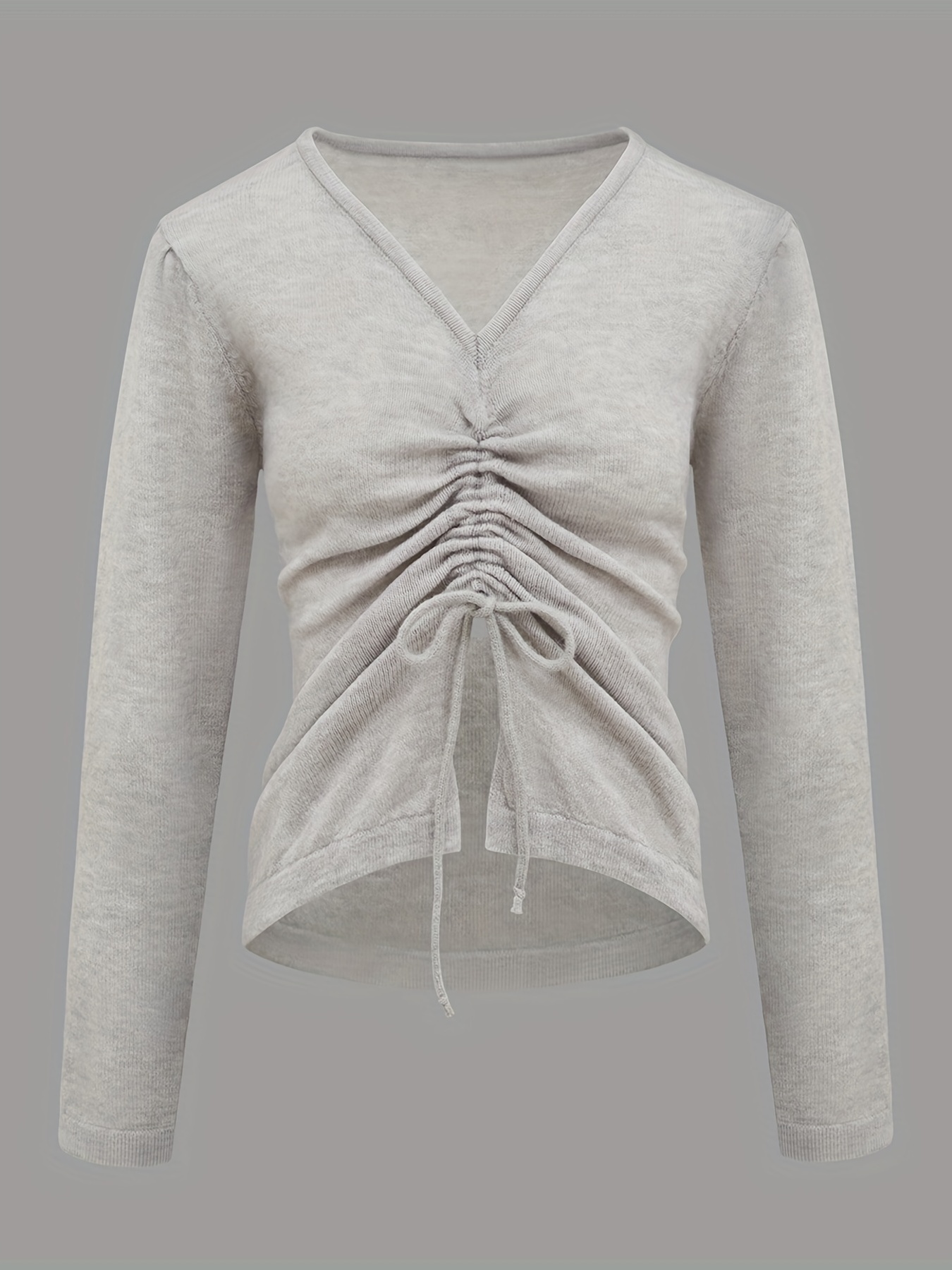 Long-Sleeve V-Neck Sweater with Drawstring at Front, Regular