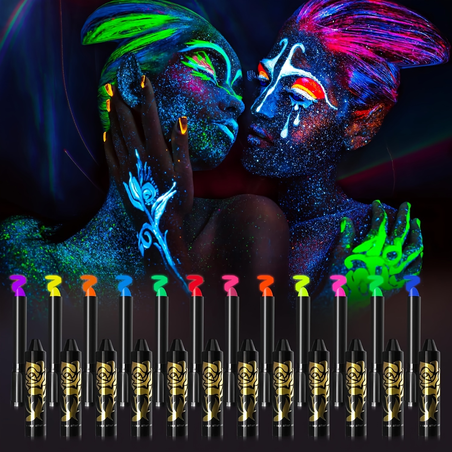 12 Color Glow in The Black Light Body Face Paint for Kids Adult, UV Black  Light Glow Crayons Neon Fluorescent Face Painting Makeup Kit for Birthday  Party Halloween Masquerade Glow Party Makeup