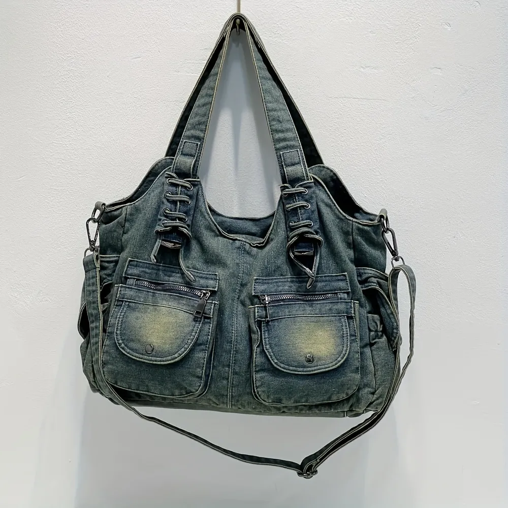 Womens Stylish Denim Shoulder Bag Trendy Hobo Bag Y2k Zipper Bag